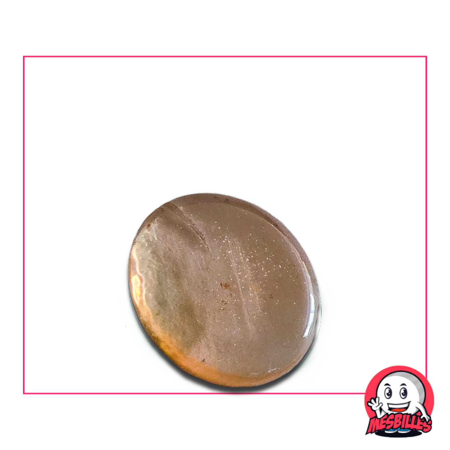 Bille plate translucide couleur pêche 30 mm nommée Loupe Pêche – vendue à l’unité sur MesBilles.fr