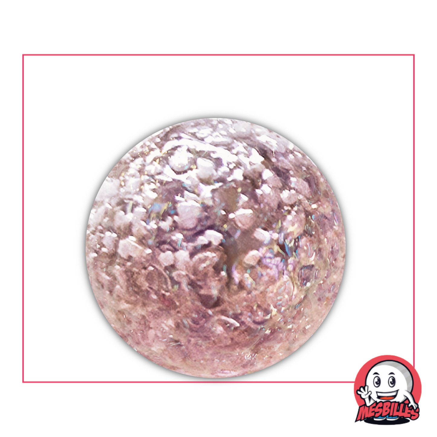 Violettrosa Murmeln, 35 mm, strukturierte und schimmernde Oberfläche, die an eine alte, mit Siliziumkristallen bedeckte Planetenlandschaft erinnert