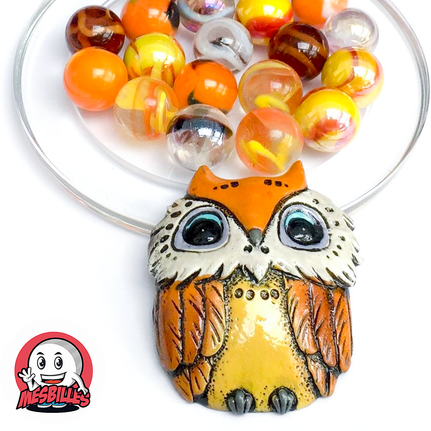 Hibou orange en céramique accompagné de 20 billes jaune, orange et transparentes – Collection MesBilles
