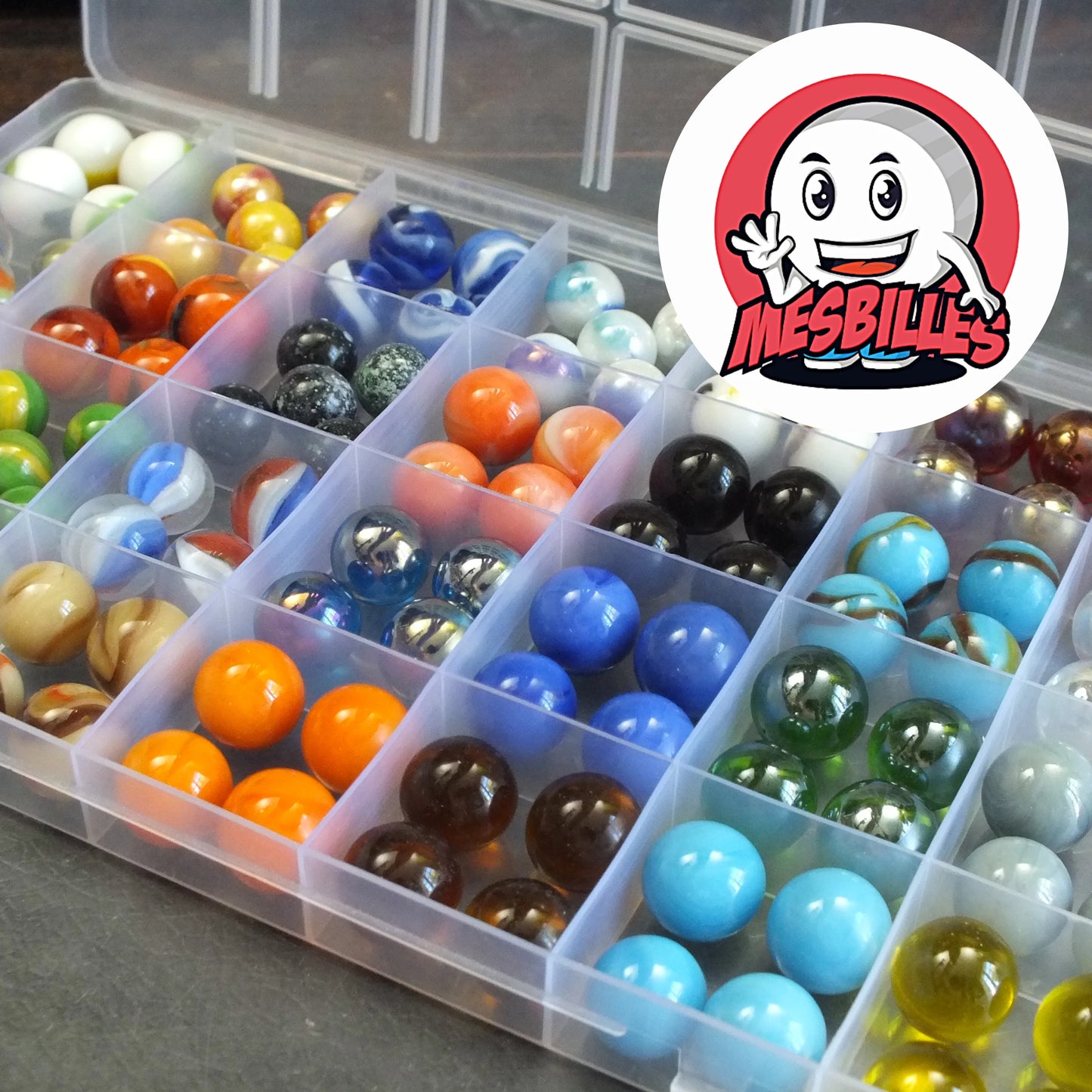 Coffret de billes variées avec 238 billes colorées de 12 mm et 14 mm, fourni avec boîte de rangement plastique pratique et solide