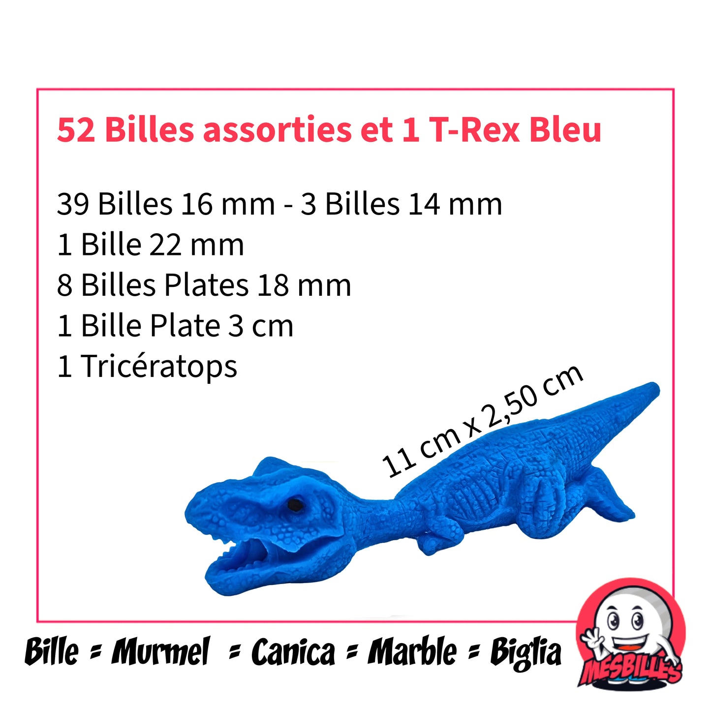 Ensemble 52 billes assorties multicolores et figurine T-Rex bleu extensible vendu en filet – jeu ludique et préhistorique MesBilles