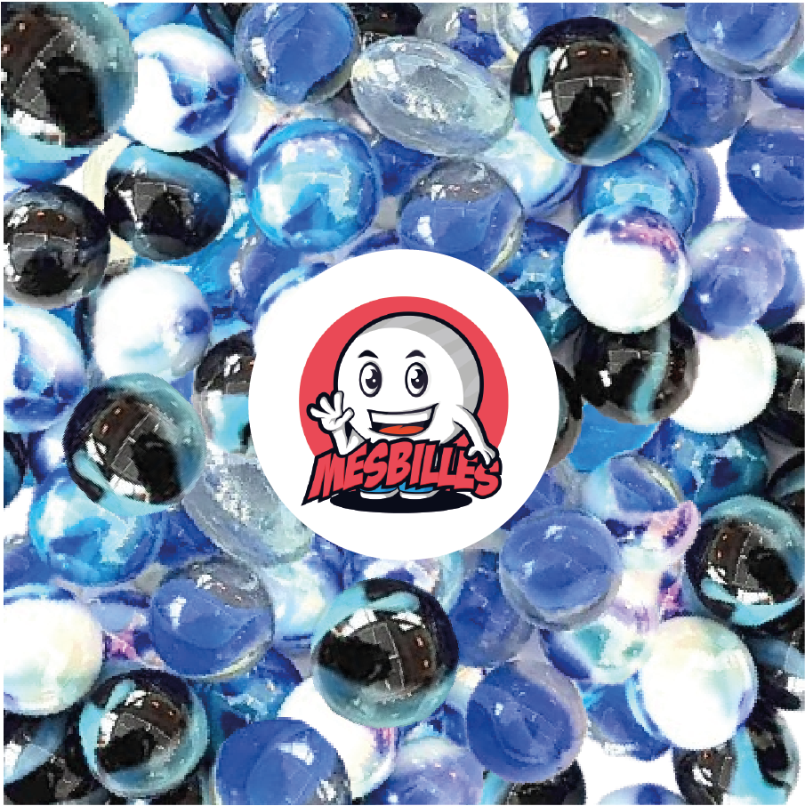 Collection MesBilles Écumes des Mers : billes aux reflets marins mêlant bleu profond, blanc nacré et noir brillant