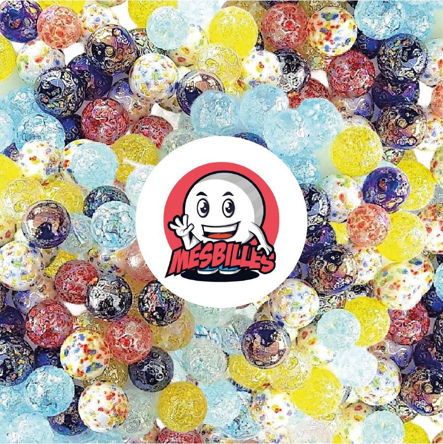 Les Filets de Billes MesBilles sont des créations originales : mélange de 55 Billes Pépites en verre transparent recouvert d'éclats de Couleurs Variées de 16 mm et 14 mm