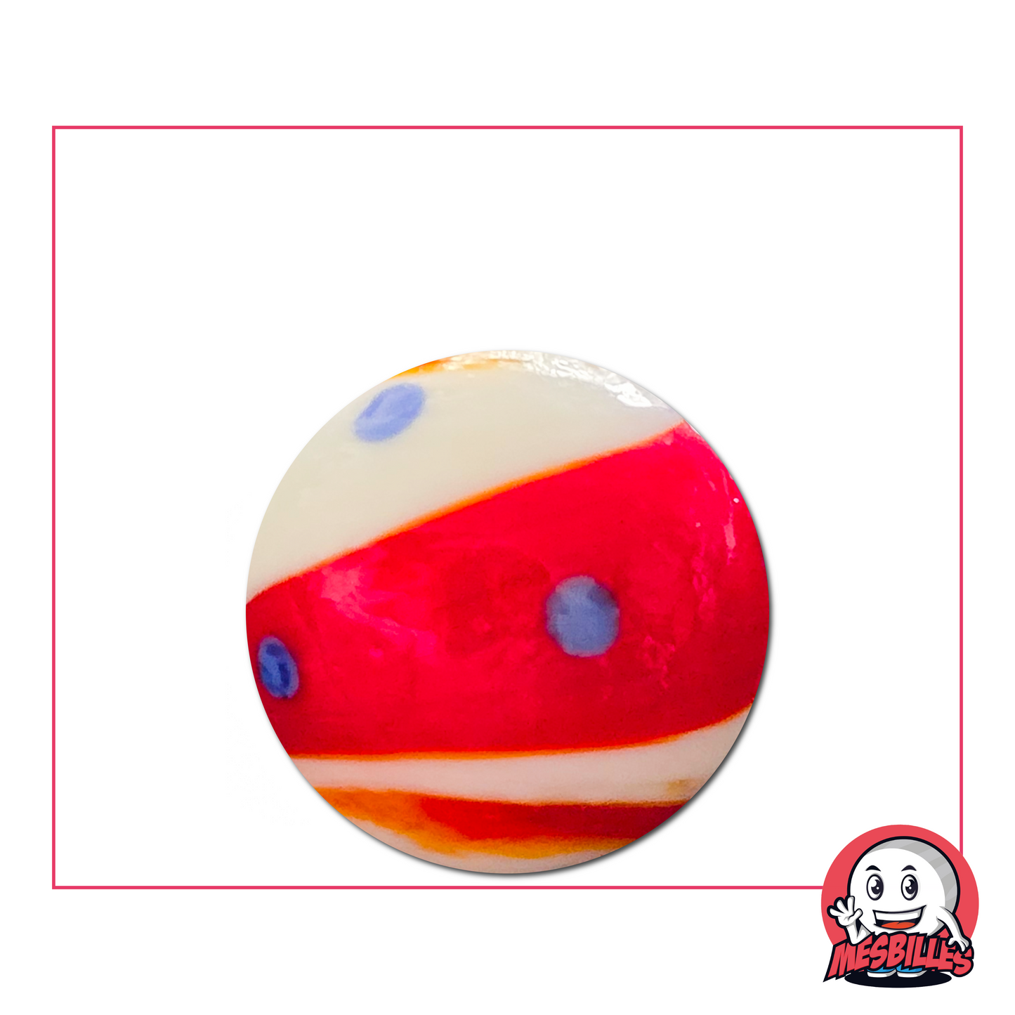Murmeln Big Bang rot und blau 25 mm – weiße Glasmurmel mit blauen Punkten und rotem Streifen