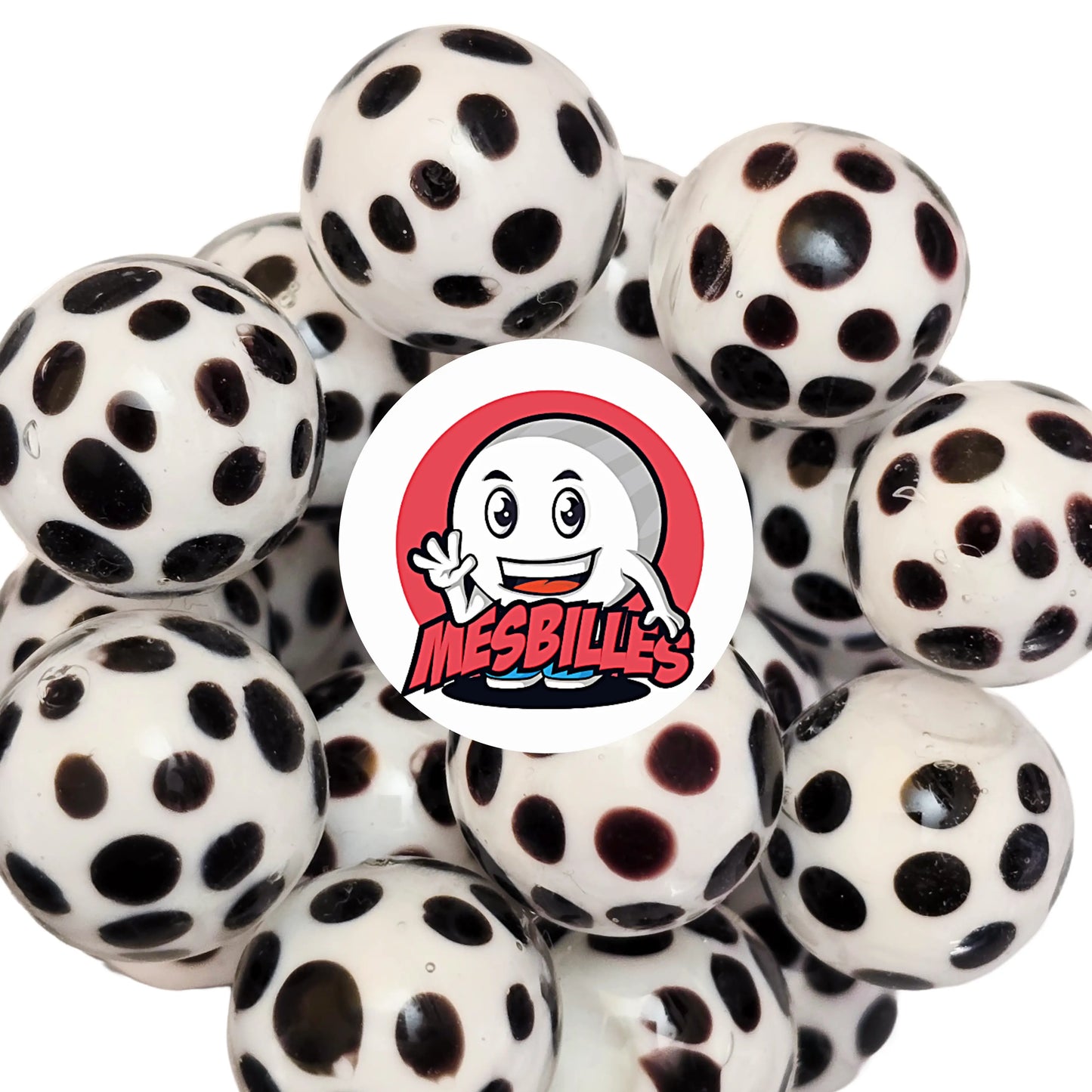 Lot de billes art dalmatien noires et blanches à pois – diamètre 16 mm