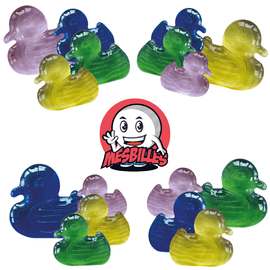 Image de la Mascotte MesBilles entourée de billes Extra-plate Canard Vert, le perroquet des billes Formes chez MesBilles