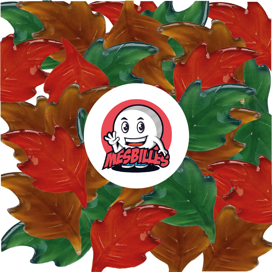 Image de la Mascotte MesBilles entourée de Billes Extra-Plate Feuille Orange en Verre Translucide - Décoration, Jeu et Collection - MesBilles