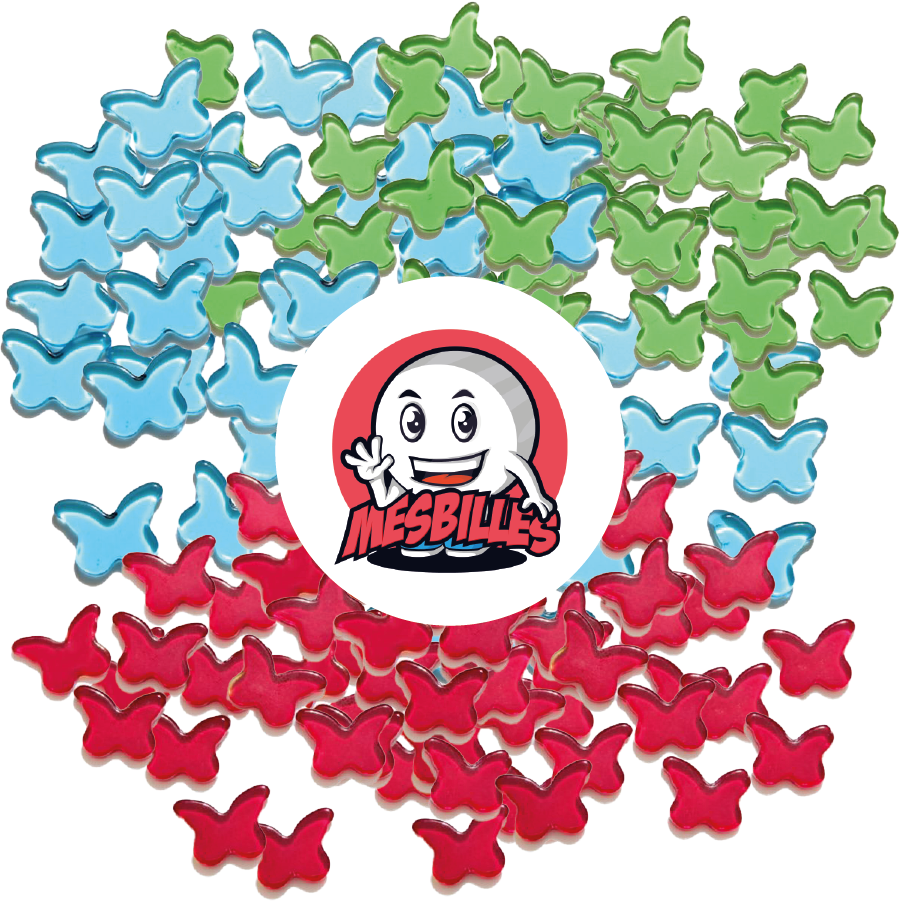 Bild des Maskottchens Meine Murmeln umgeben von extraflachen Murmeln Schmetterling aus transluzentem Glas, rot - Meine Murmeln