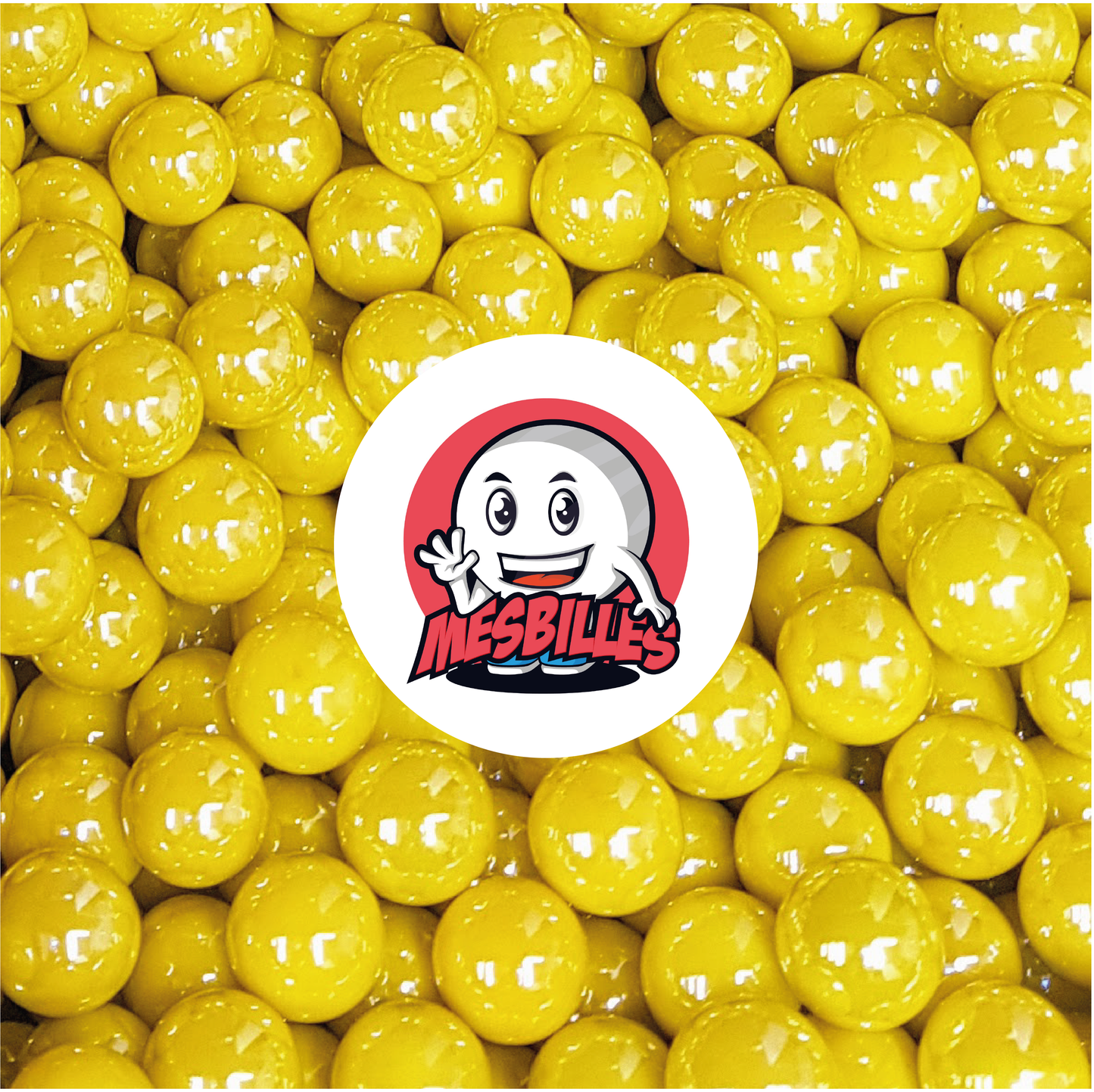 Image de la Mascotte MesBilles entourée de Billes Glossy 14 mm - Verre Opaque et Brillant Jaune Nacré
