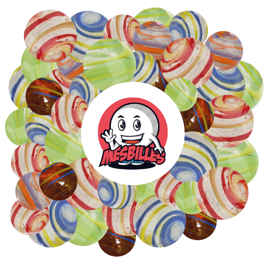 KimPlay-Murmeln Cyclone Orange und Blau aus transluzentem Glas und mehrfarbige Murmeln um das Maskottchen MeineMurmeln