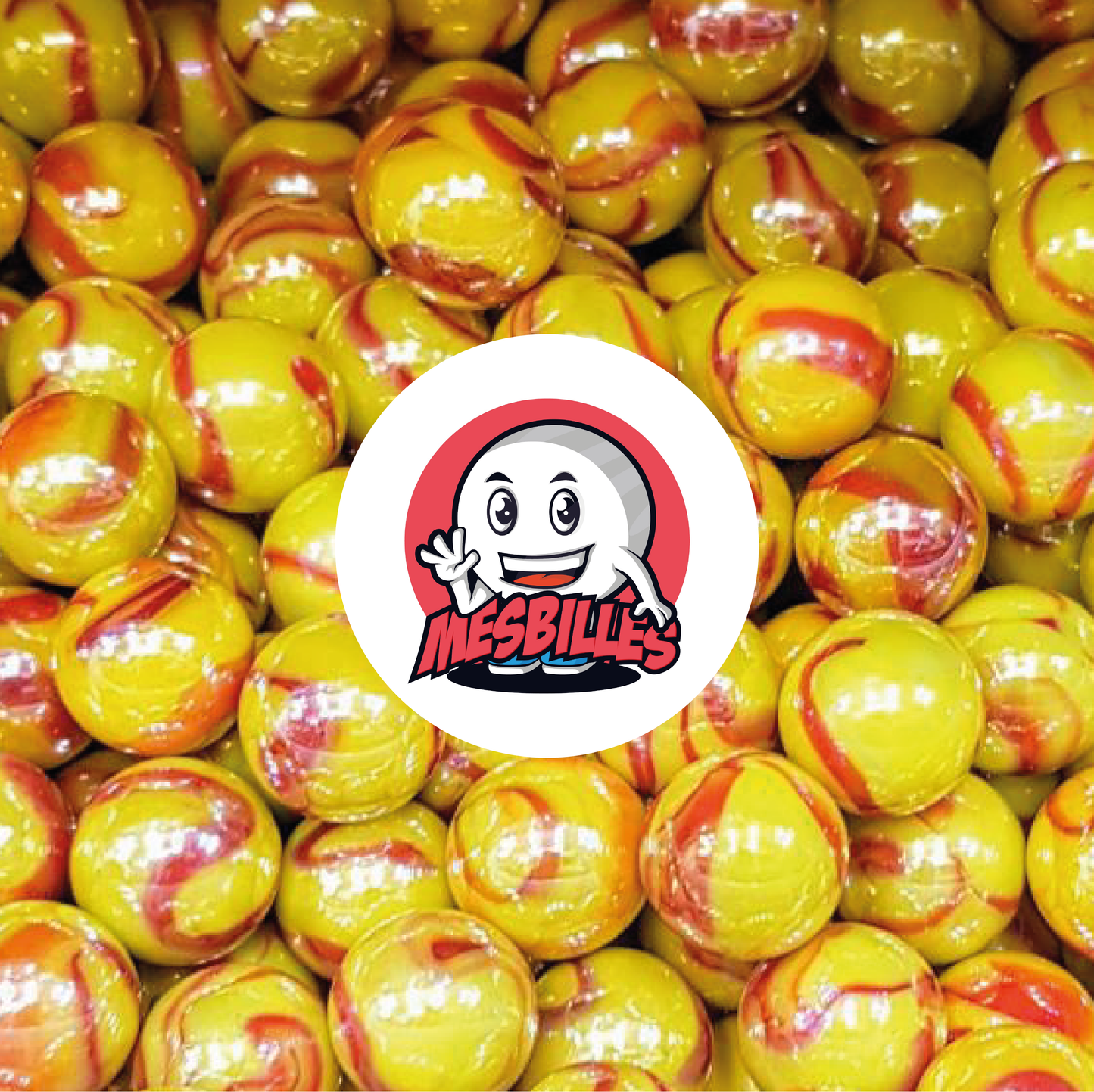 Image de la Mascotte MesBilles entourée de Billes Dragon 35 mm - Incroyable Combinaison de Jaune et Rouge dans un Verre Opaque et Brillant