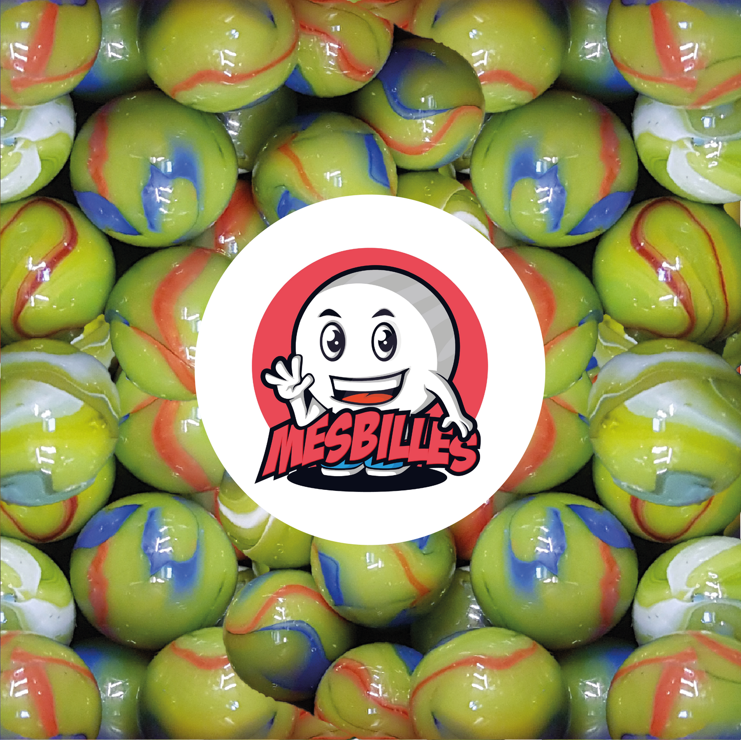 Image de la Mascotte MesBilles entourée de Billes Impressionniste 14 mm Vert Rouge Bleu