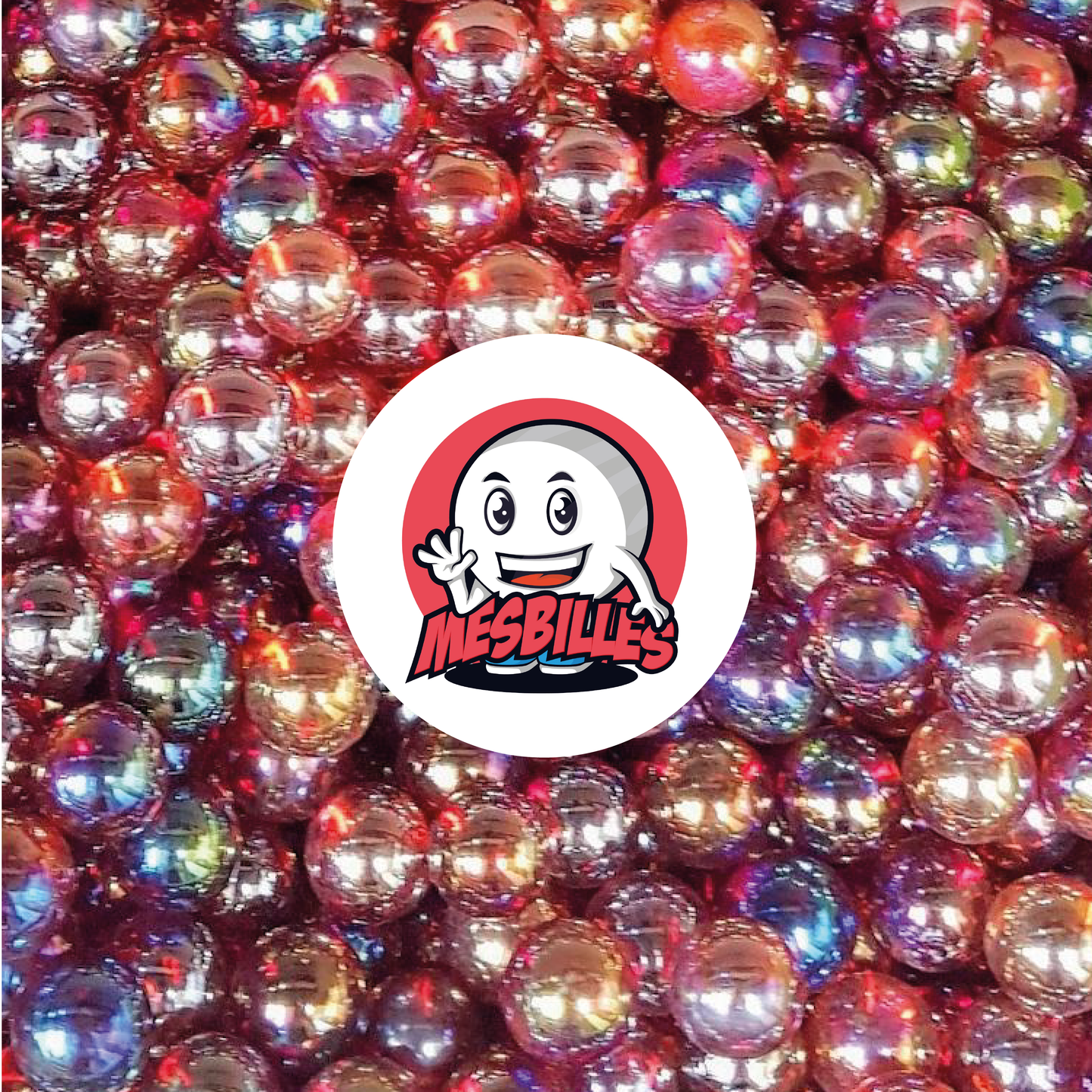 Image de la Mascotte MesBilles entourée de Billes Irisée Rouge 14 mm bille rone en verrebtranslucide