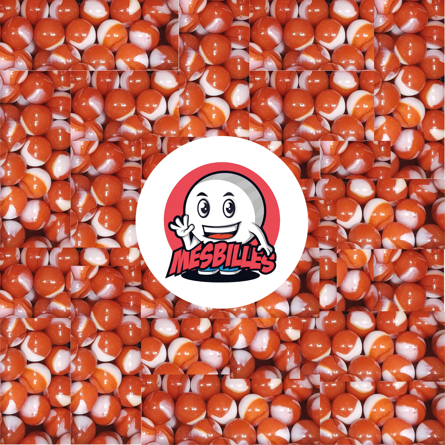 Image de la Mascotte MesBilles entourée de Billes Junon 35 mm Orange avec traces de blanc