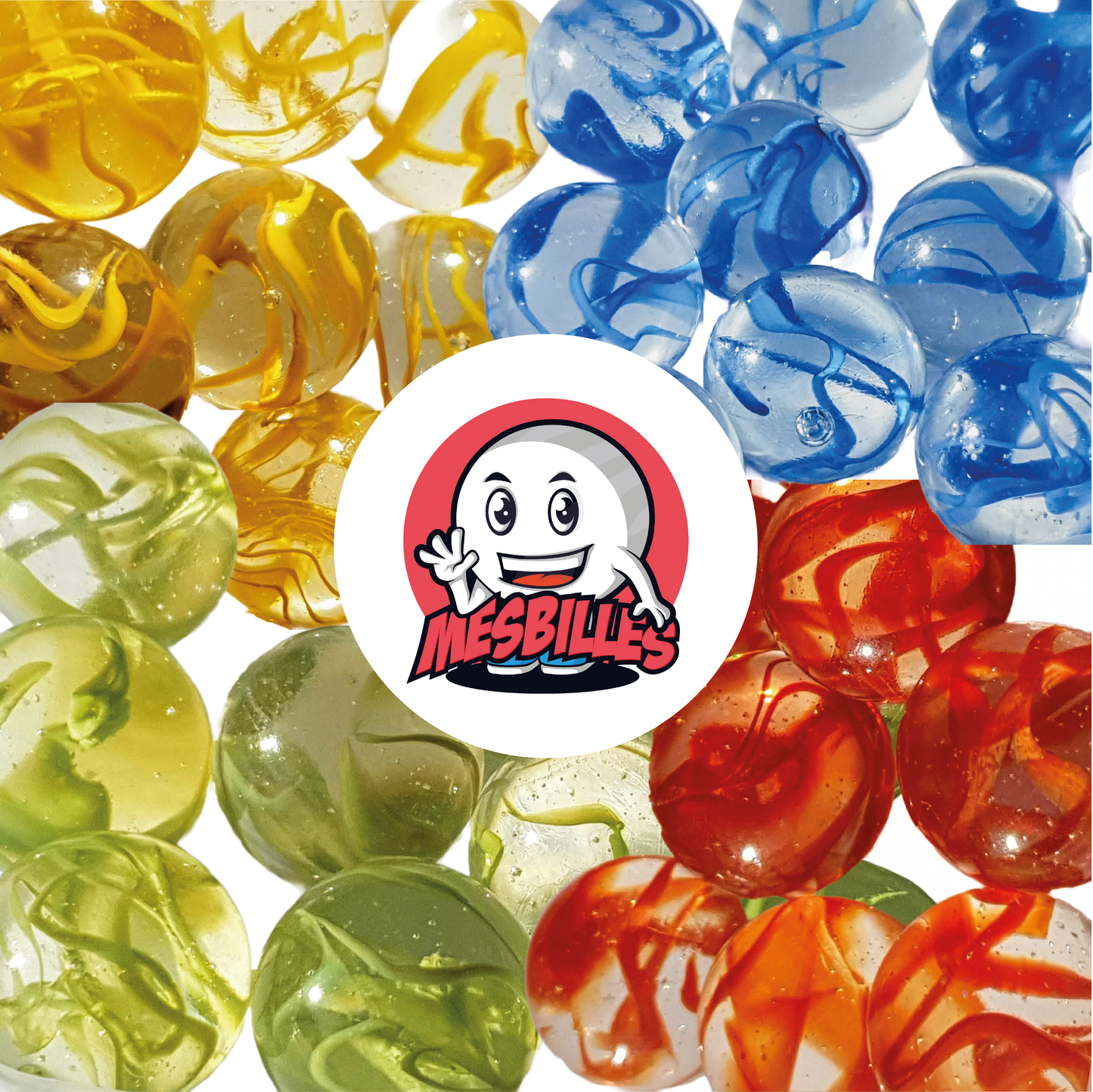 Image de la Mascotte MesBilles entourée de Billes translucides traversée de Rubans BLEU, Billes de 14 mm