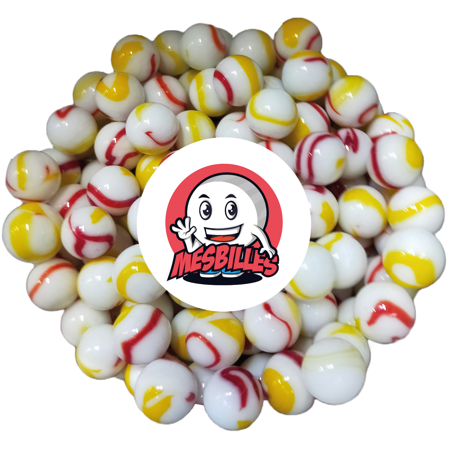 Image de la Mascotte MesBilles entourée de Billes Tigre Rouge 14 mm - Verre Opaque blanc strié de Orange et Rouge
