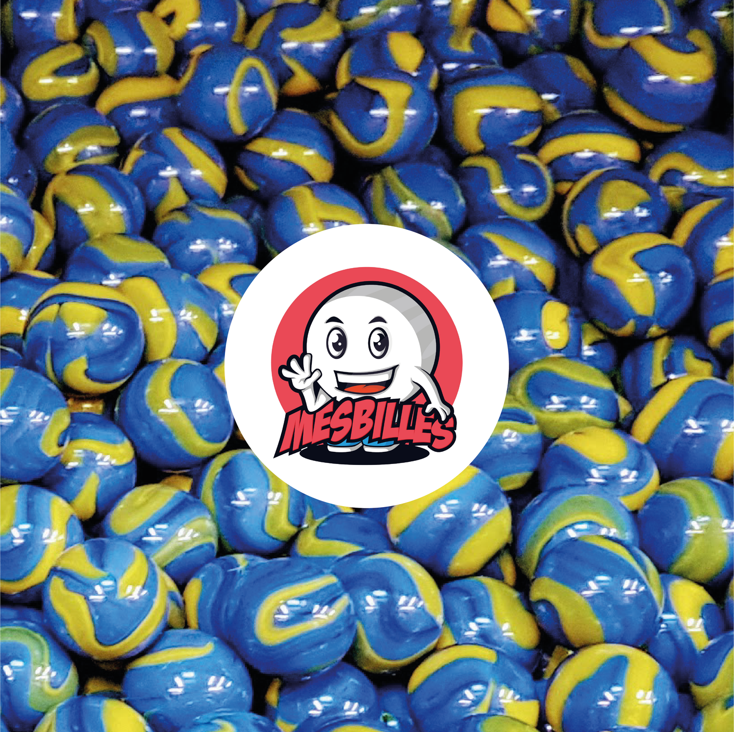 Image de la Mascotte MesBilles entourée de Billes Van Gogh 16 mm en verre opaque jaune strié de bleu