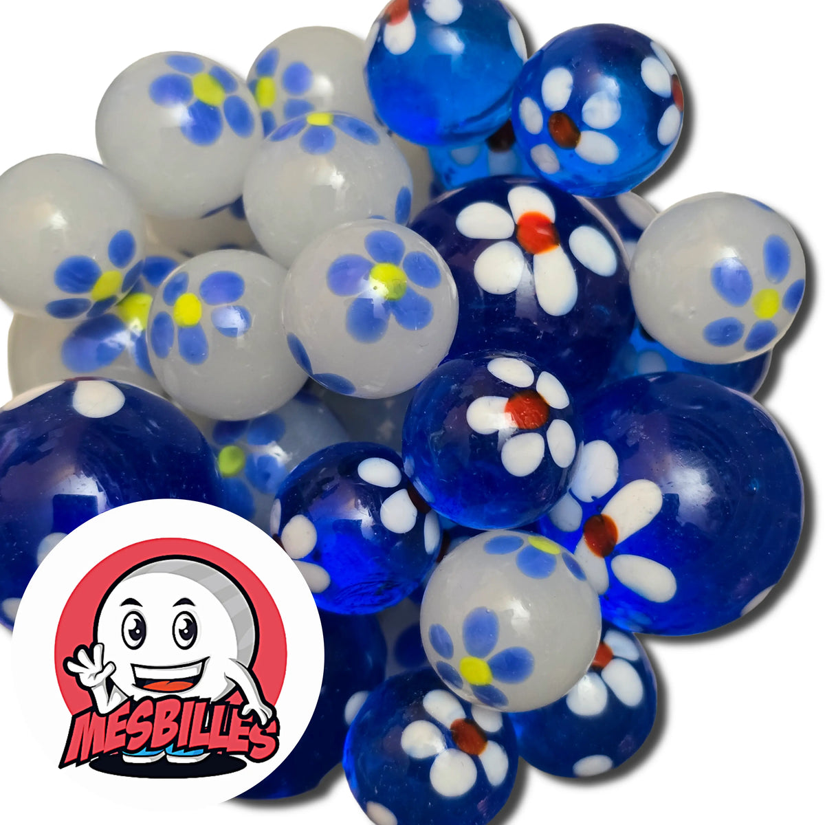 Collection de billes Art Pâquerette bleu nuage en verre translucide – billes décoratives MesBilles