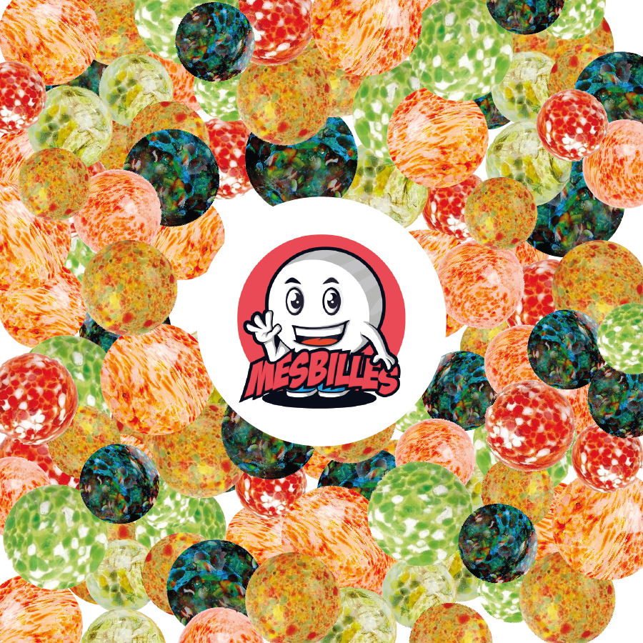 Murmeln Flyer Grün 25 mm und mehrfarbige Murmeln, die das Maskottchen MeineMurmeln umgeben, aus transluzentem Glas mit mehrfarbigen Flecken