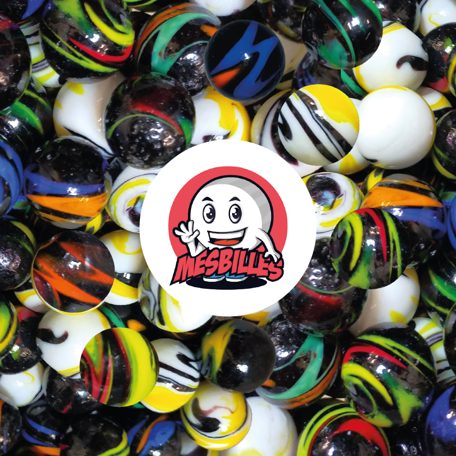 Bille Collector Kim'Play Diabolic, en verre Opaque Noir de 16 mm, Zébrée majoritairement de Orange.