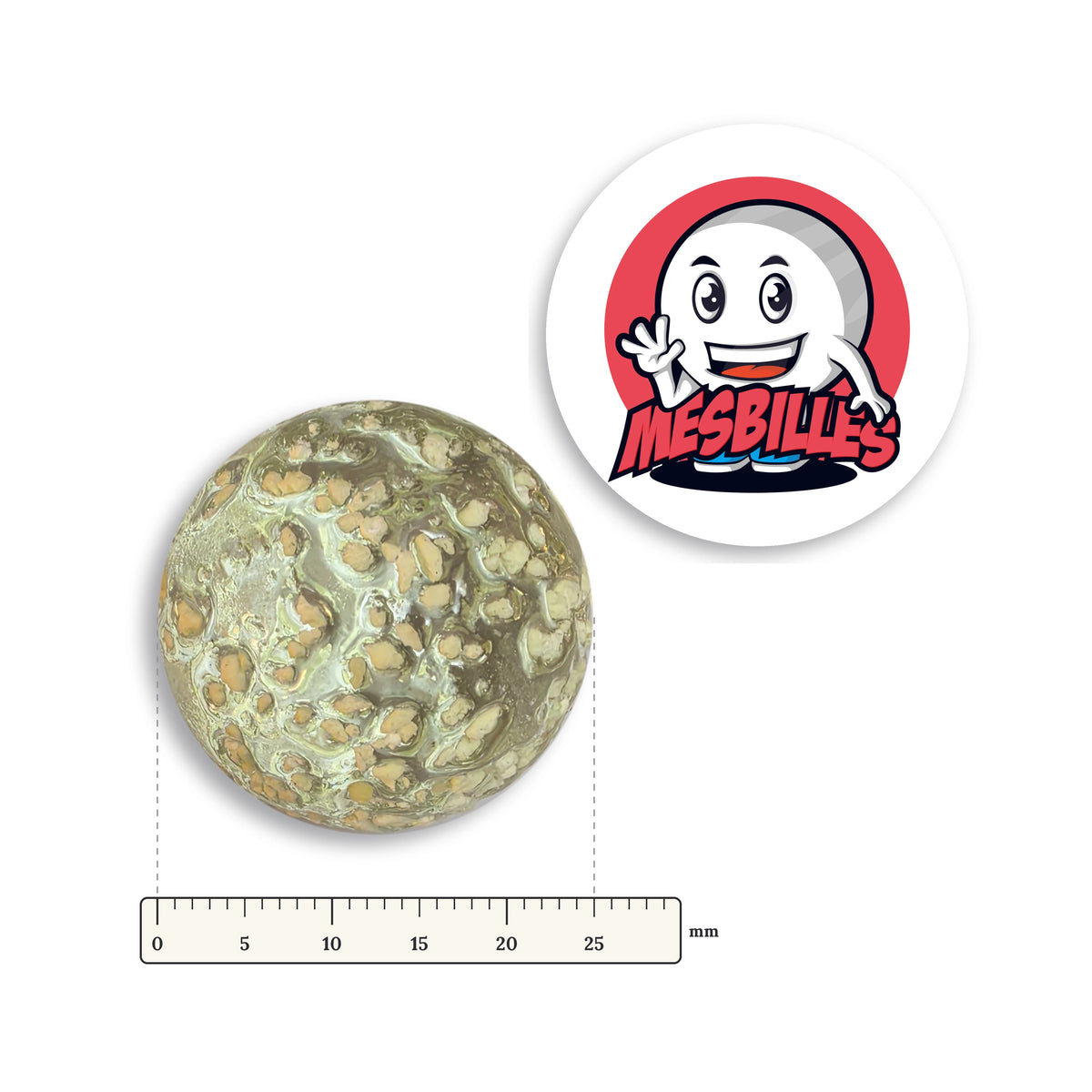 Bille Cratère Phosphorescente 25 mm à côté d'une règle graduée, 25 mm de diamètre