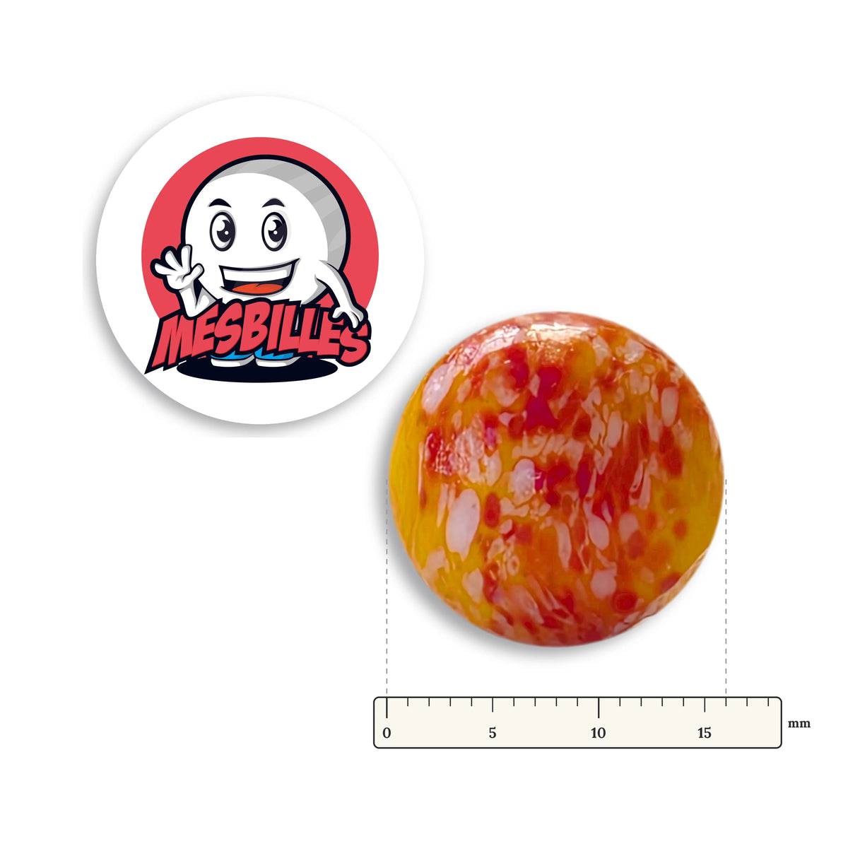 Bille Orange Mouchetée Rouge 16 mm à côté d'une règle graduée, 16 mm de diamètre