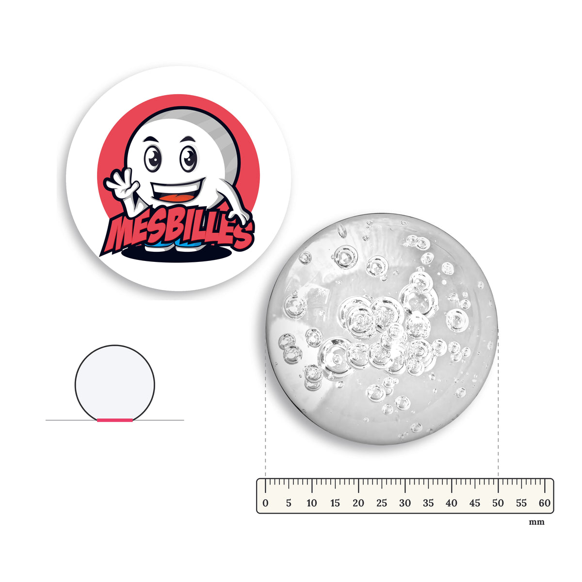 Grande bille Presse-Papiers Bulles Cristal Verre de Bohême 50 mm avec règle graduée et schéma du fond plat