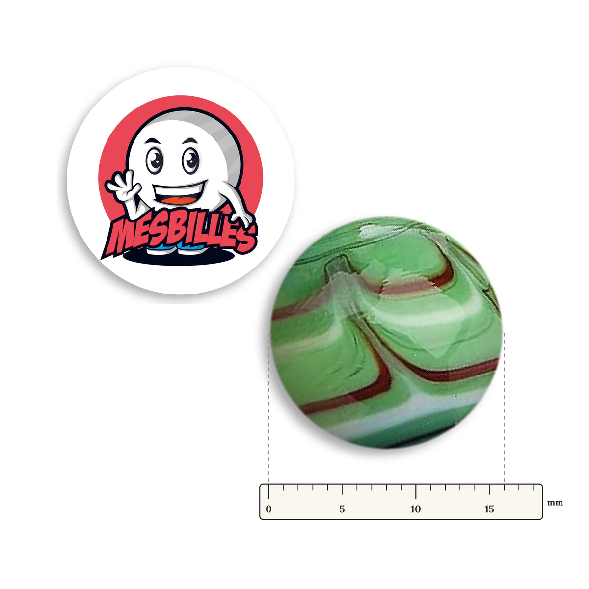 Bille Spider Vert 16 mm KimPlay Collector à côté d'une règle graduée, 16 mm de diamètre