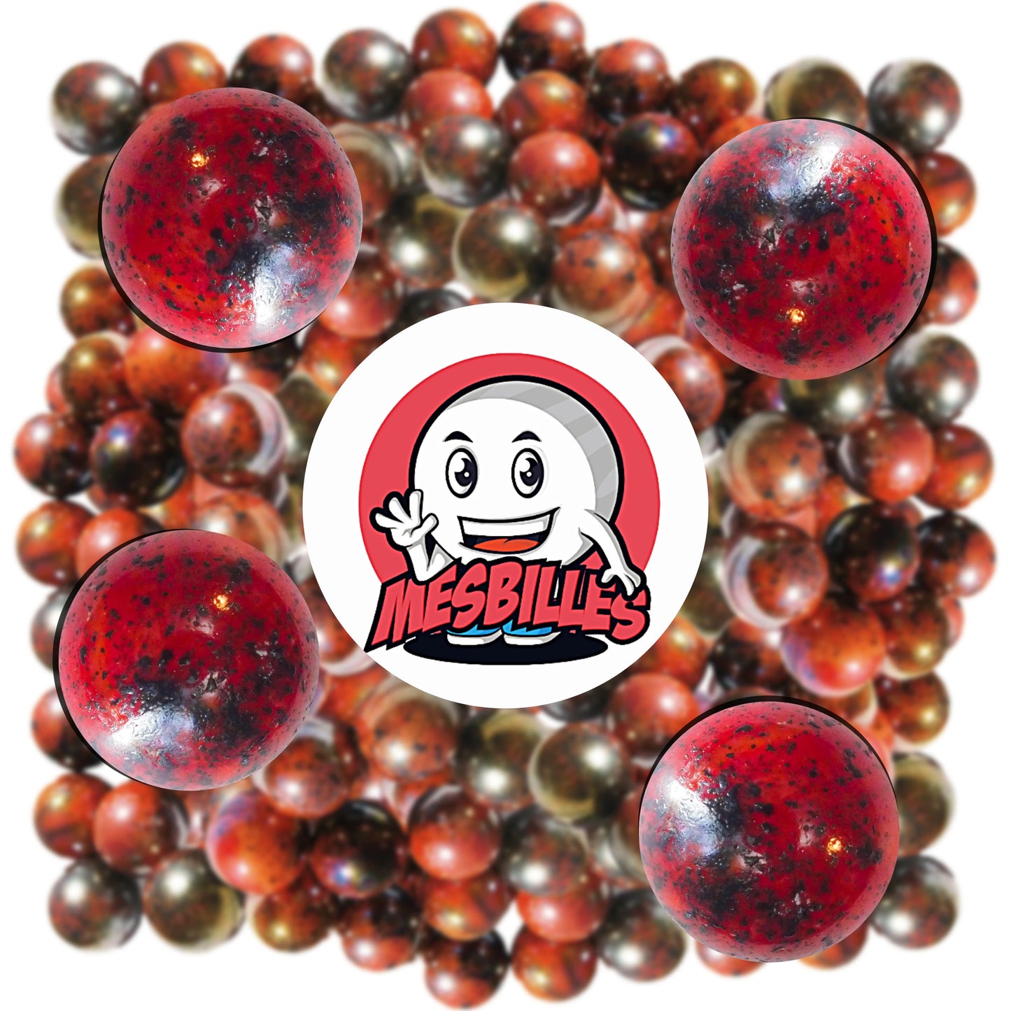 Plusieurs billes Planète Rouge 16 mm rouge moucheté noir et ombres métalliques, rappelant une surface planétaire, idéales pour collection ou jeu