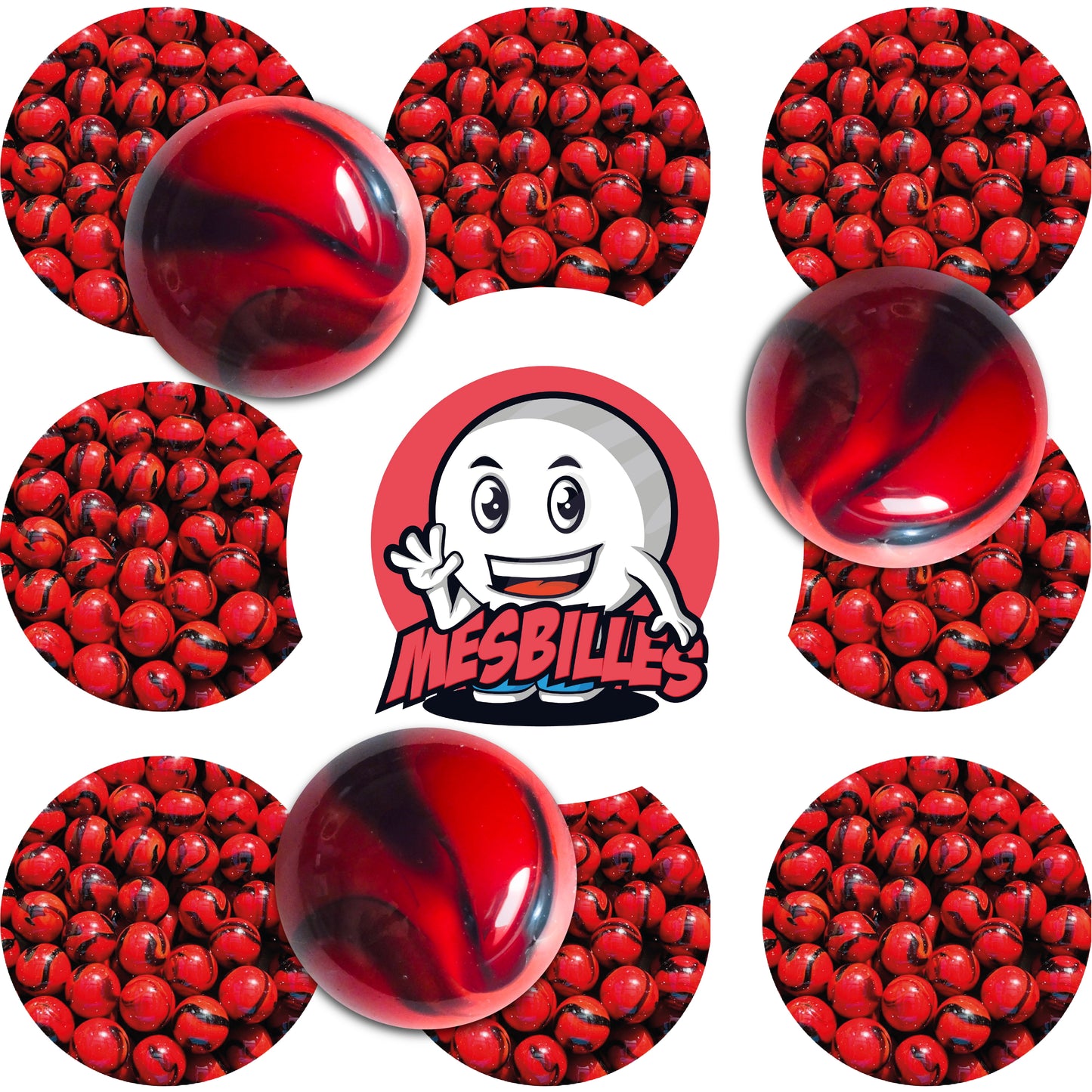 Plusieurs billes Coccinelle 22 mm rouges avec motifs noirs, rappelant l’insecte porte-bonheur, parfaites pour collection ou parties de billes