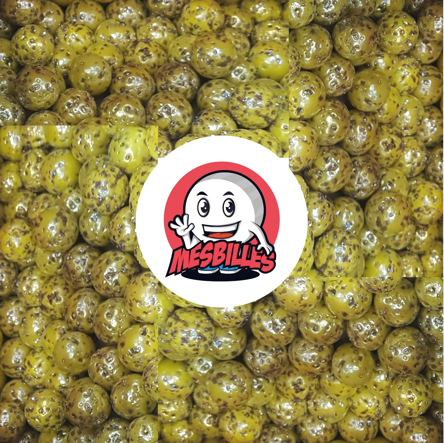 Image de la Mascotte MesBilles entourée de Billes Pépite Précieuse 22 mm, jaune avec des éclats violets