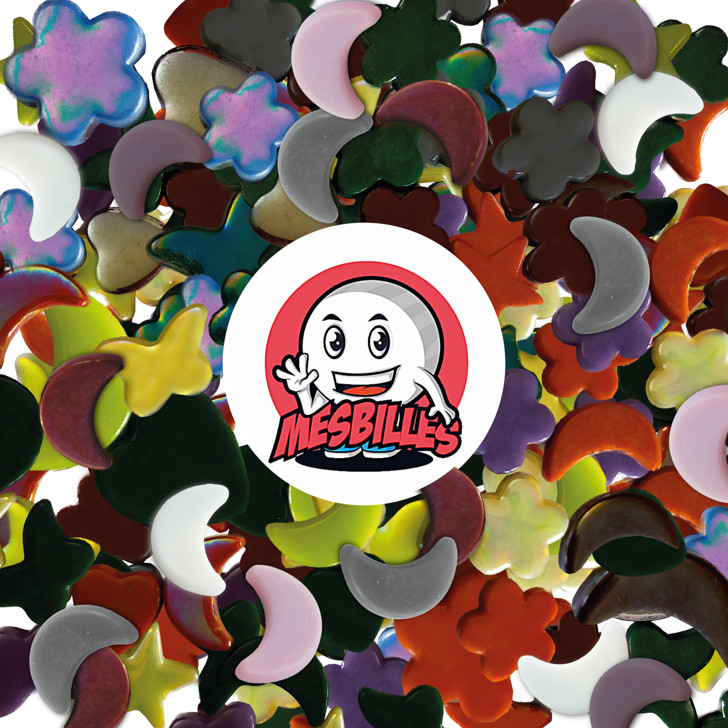 MesBilles-Logo auf extra flachen rosa Mondperlen