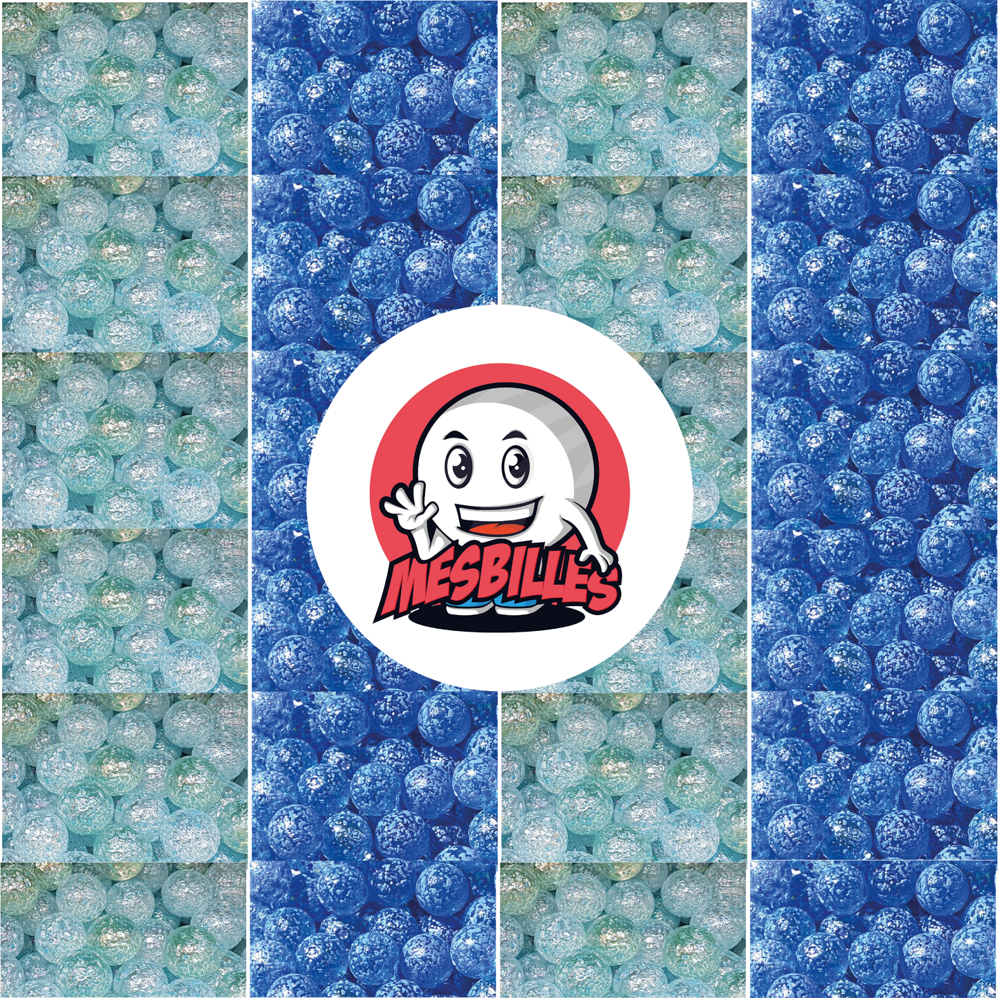 Image de la Mascotte MesBilles entourée de Billes Pépite en verre translucide avec éclats bleu 42 mm