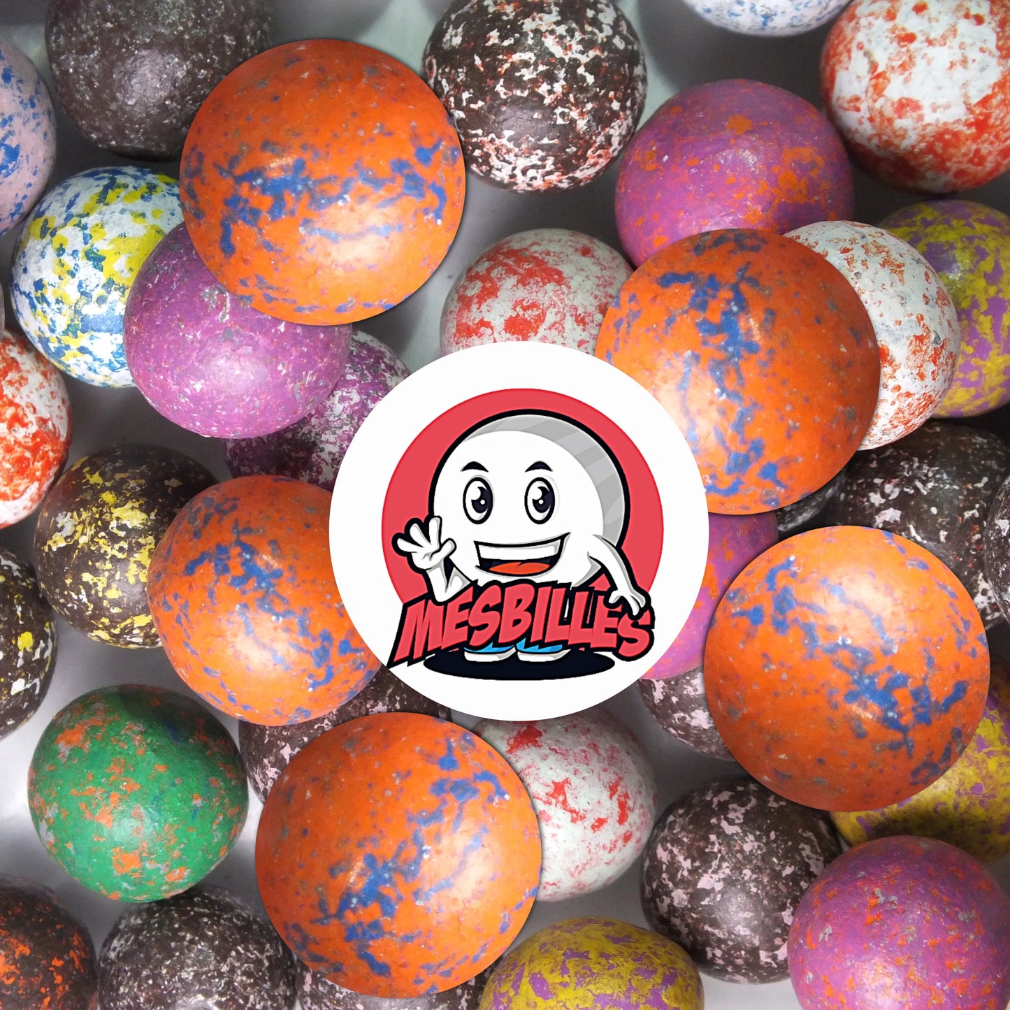 Lot de billes en terre orange mouchetée 16 mm avec motifs bleus, pièces colorées et vintage pour collectionneurs