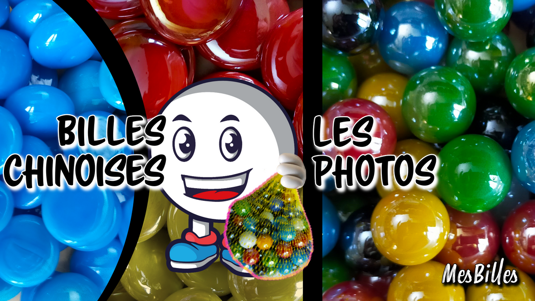 Zusammenstellung von Fotos flacher, farbiger chinesischer Murmelnn aus Sonderanfertigungen.