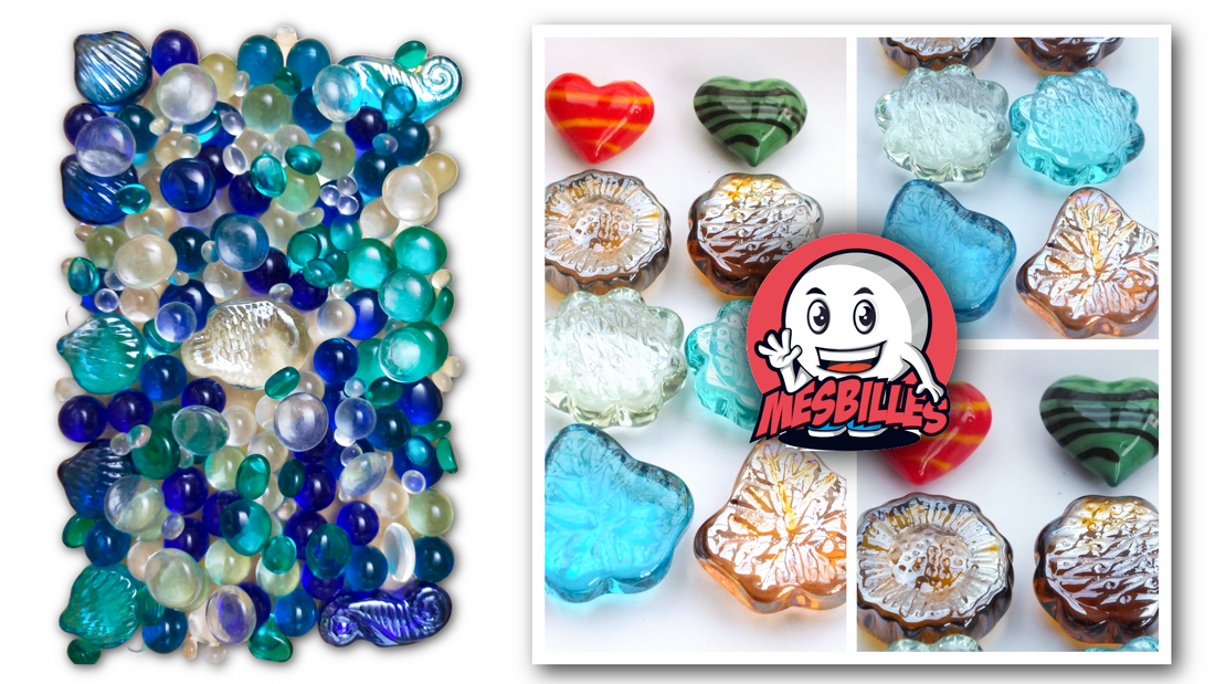 Fotomontage von Murmeln in Form von Herzen, Sternen, Blumen und Tieren, bestellt von Kunden von MeineMurmelnn.