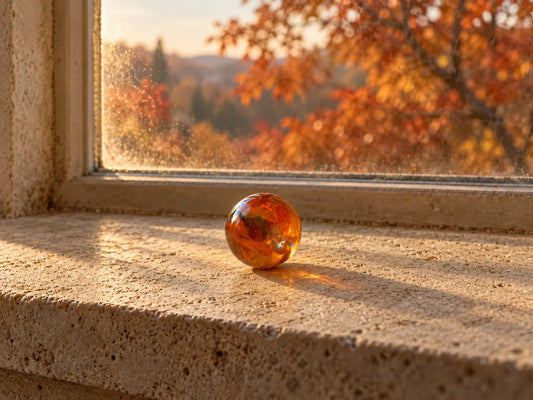 Bille de verre ambre et orangée, veinée de rouge, sur un rebord de fenêtre en pierre, avec un feuillage roux flou en arrière-plan.