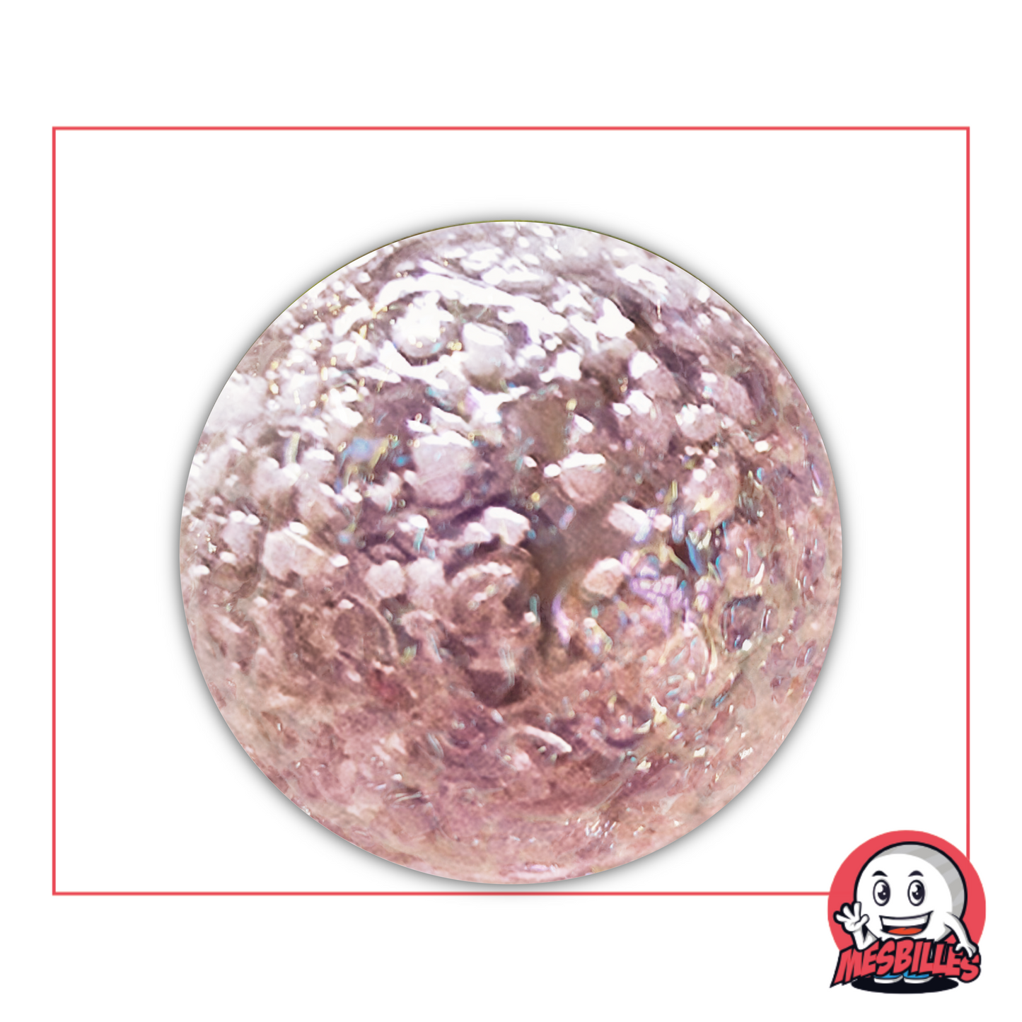 50 mm Murmeln mit kristalliner Textur, perlmuttfarbenen Rosatönen und einer Oberfläche, die an einen fernen Planeten erinnert, der von interstellaren Sandkörnern geformt wurde