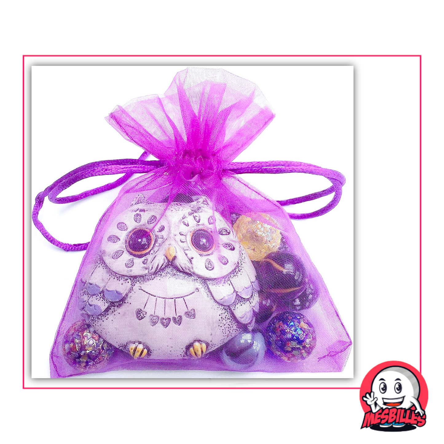 Hibou Porte-Bonheur Gris + 20 Billes Magiques