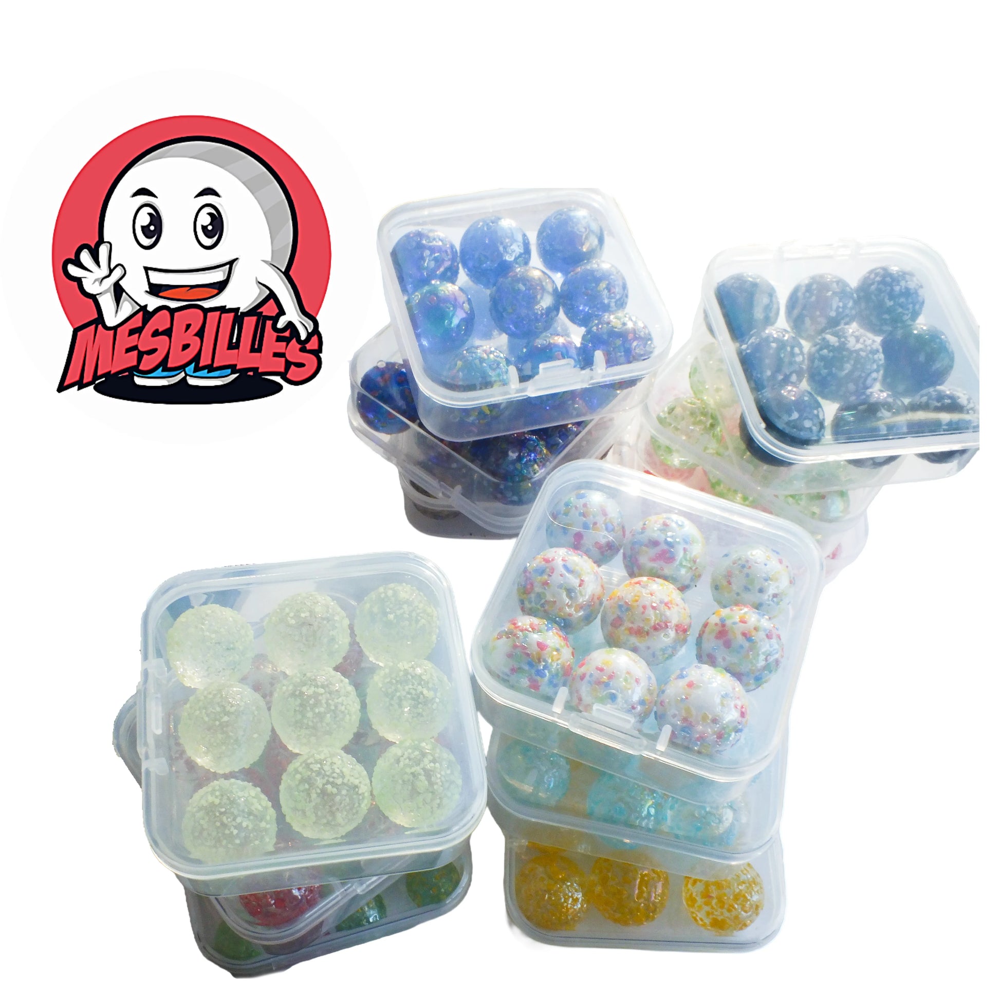 Vue d’ensemble des sous-boîtes de billes Pépites de 10, 14, 16 et 25 mm dans la grande boîte translucide offerte – MesBilles