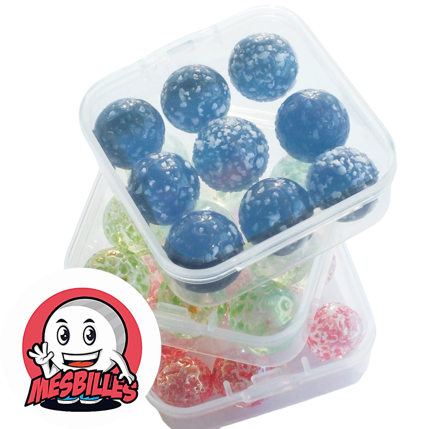 Gros plan sur des billes Pépites de 16 mm bleues et colorées rangées en sous-boîtes translucides – MesBilles