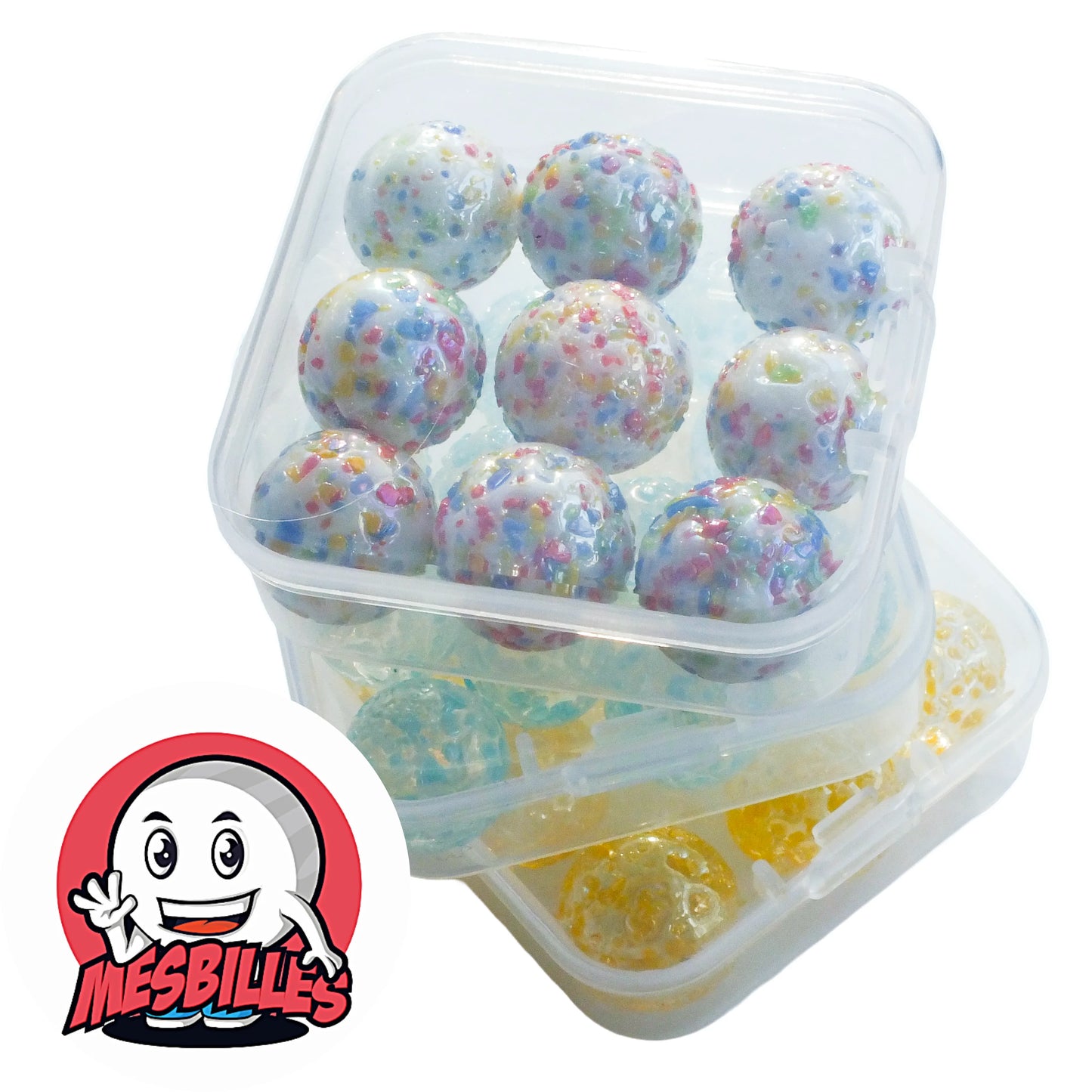 Billes Pépites multicolores opaques et translucides de 16 mm rangées dans des sous-boîtes empilées – MesBilles