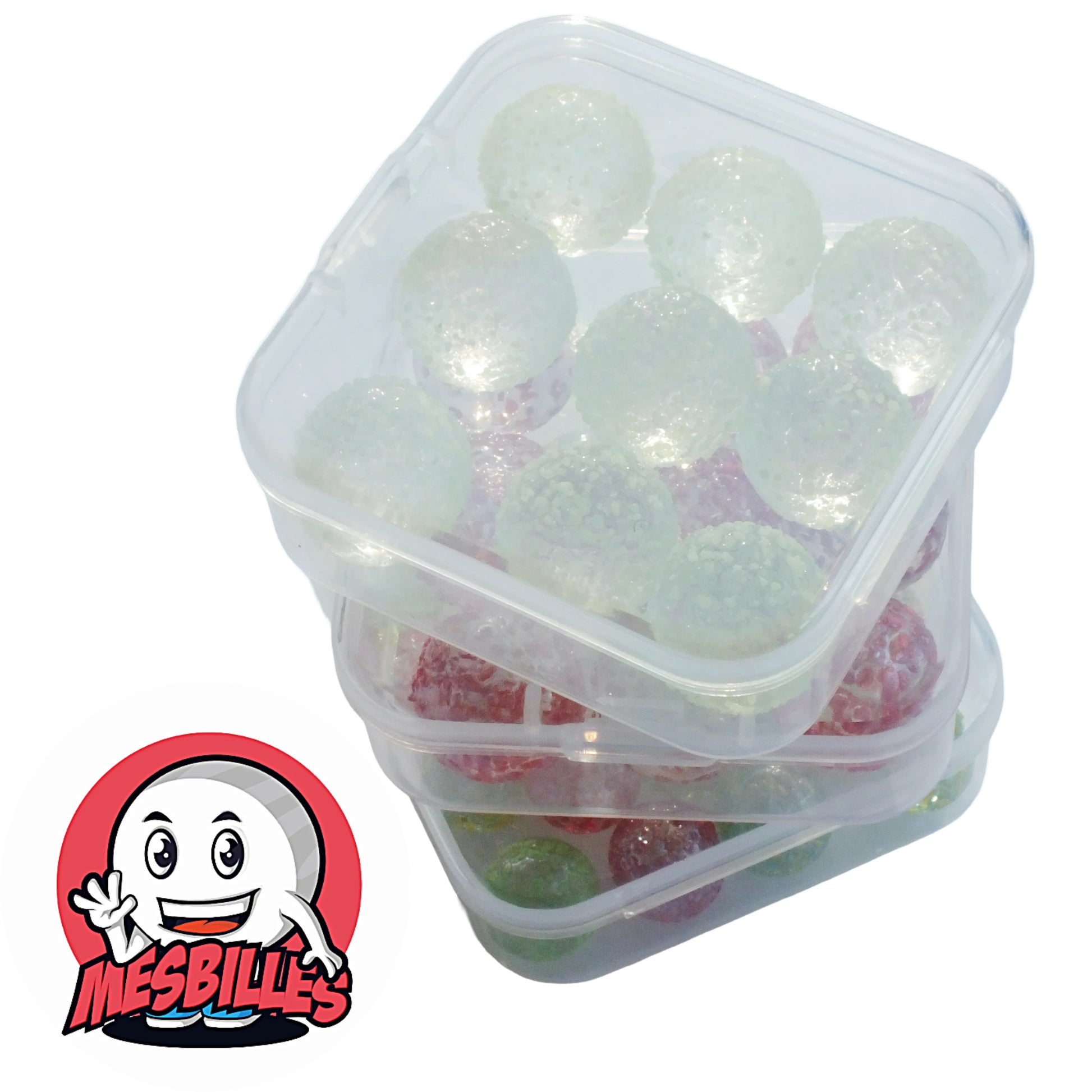 Billes Pépites translucides phosphorescentes et colorées de 16 mm présentées dans sous-boîtes transparentes – MesBilles