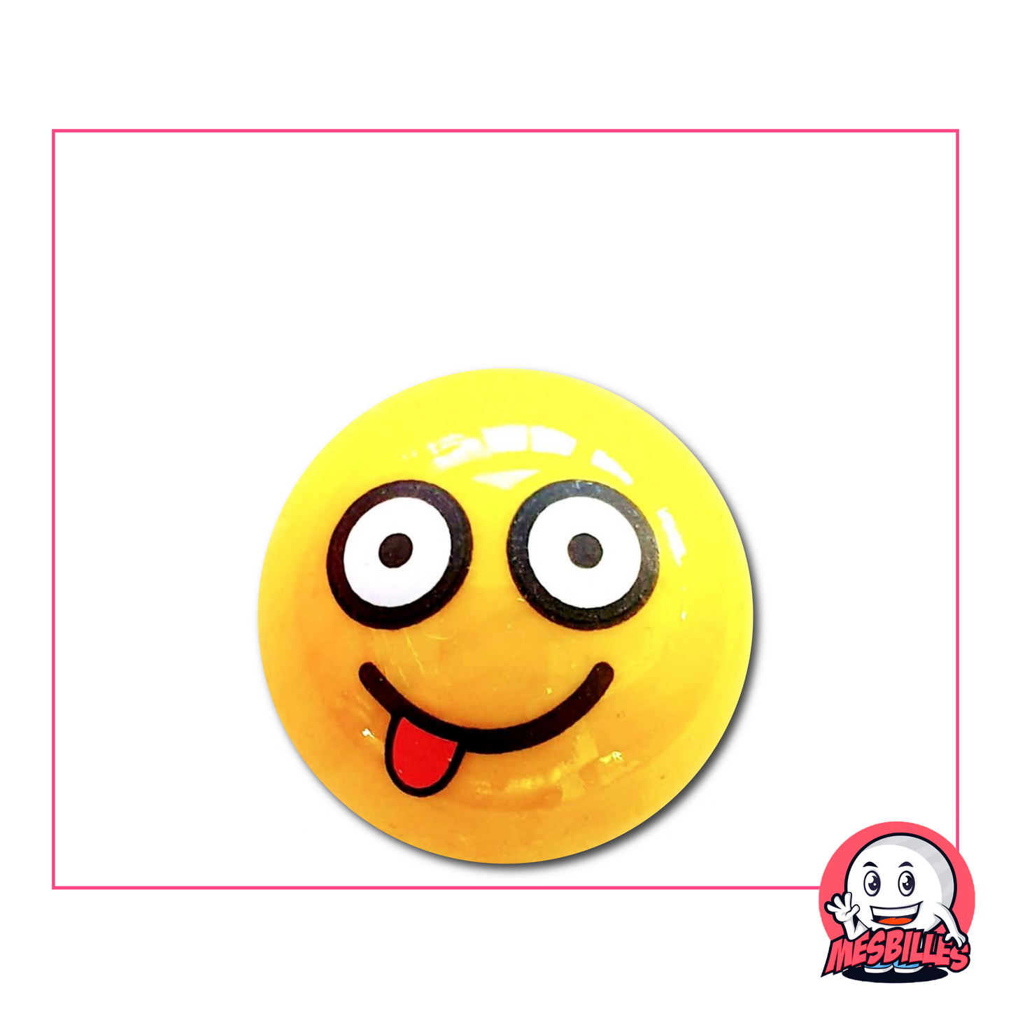 Bille jaune avec smiley espiègle tirant la langue et yeux ronds noirs