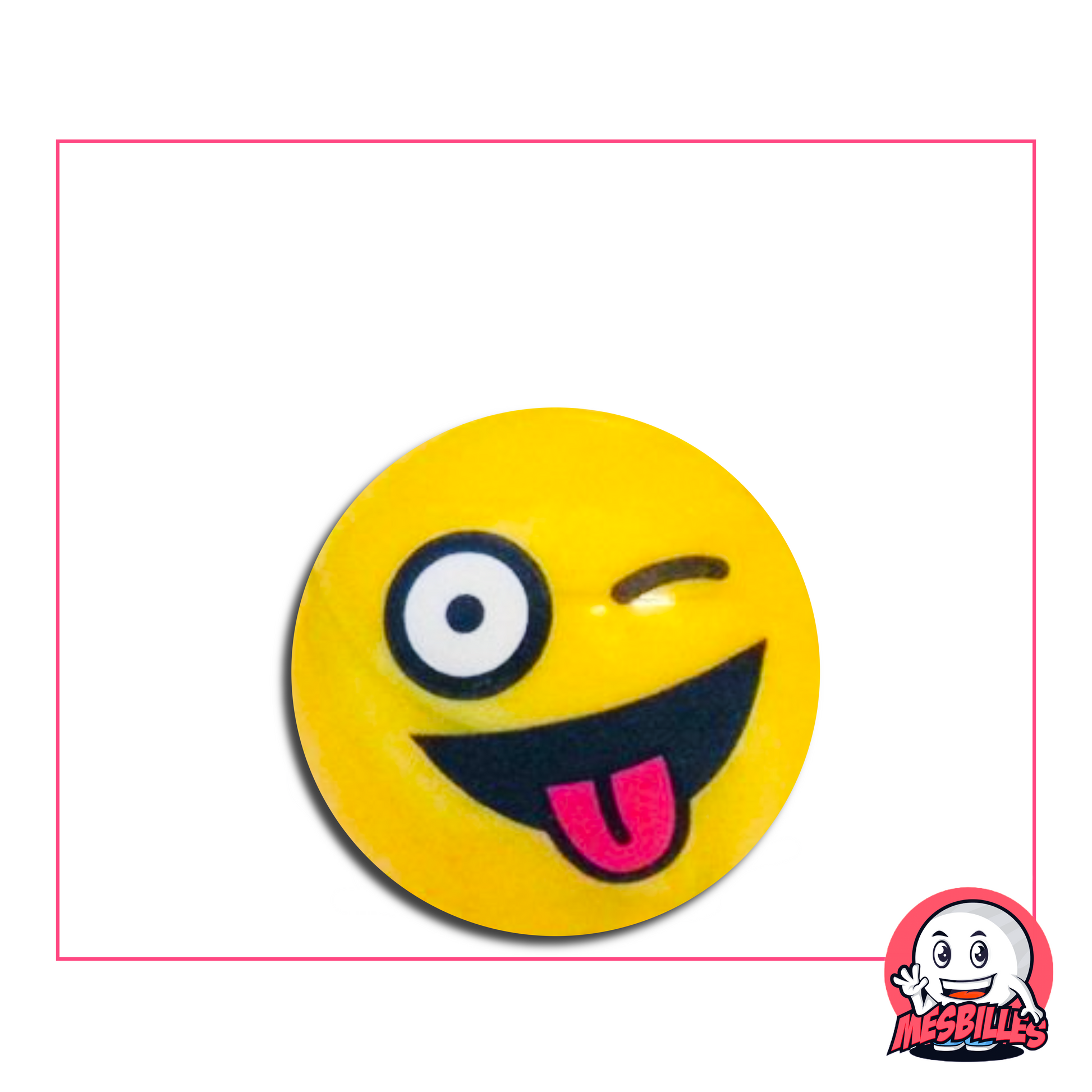 Gelbe Murmeln mit einem Smiley, der die Zunge herausstreckt und zwinkert, im lustigen Cartoon-Stil