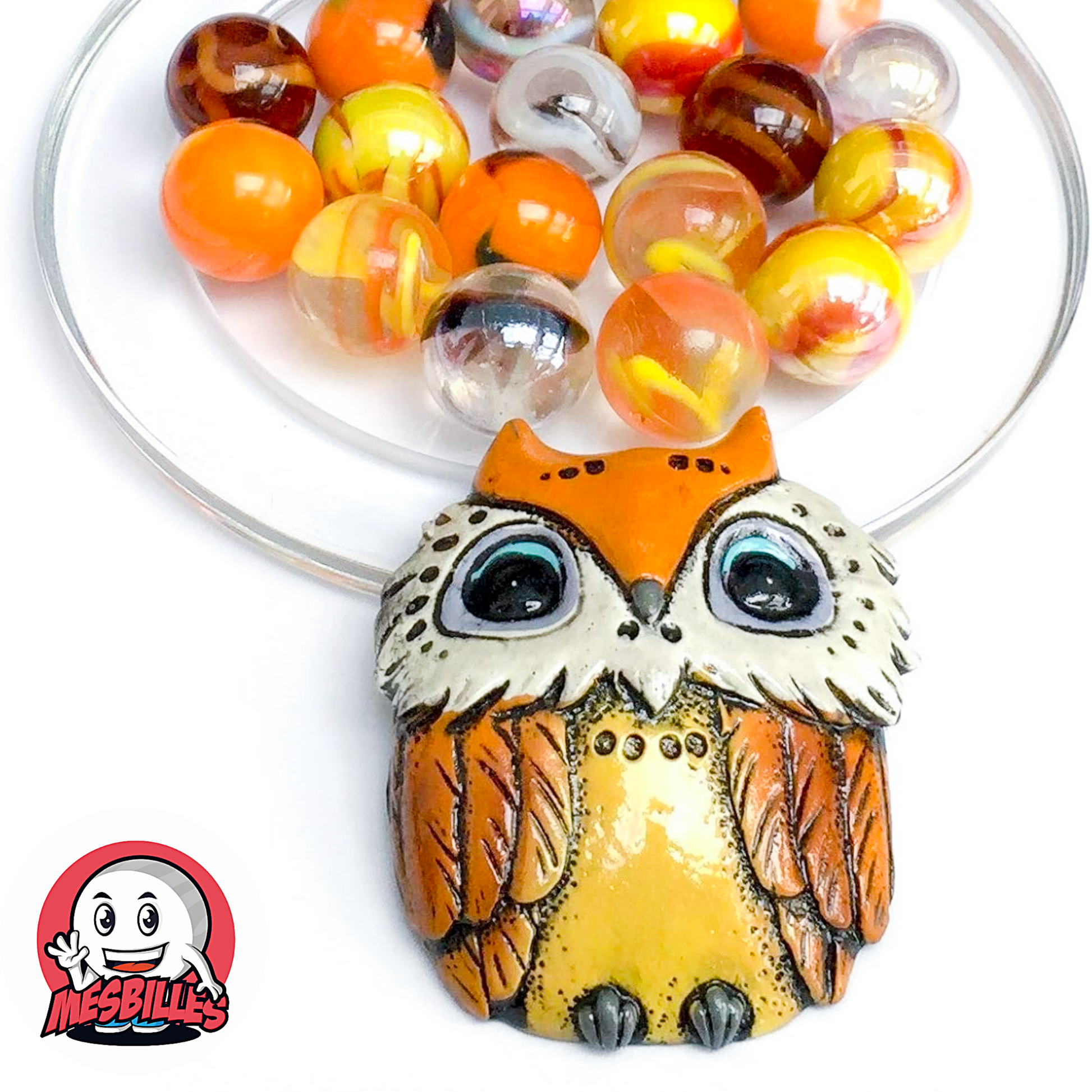 Hibou orange en céramique accompagné de 20 billes jaune, orange et transparentes – Collection MesBilles