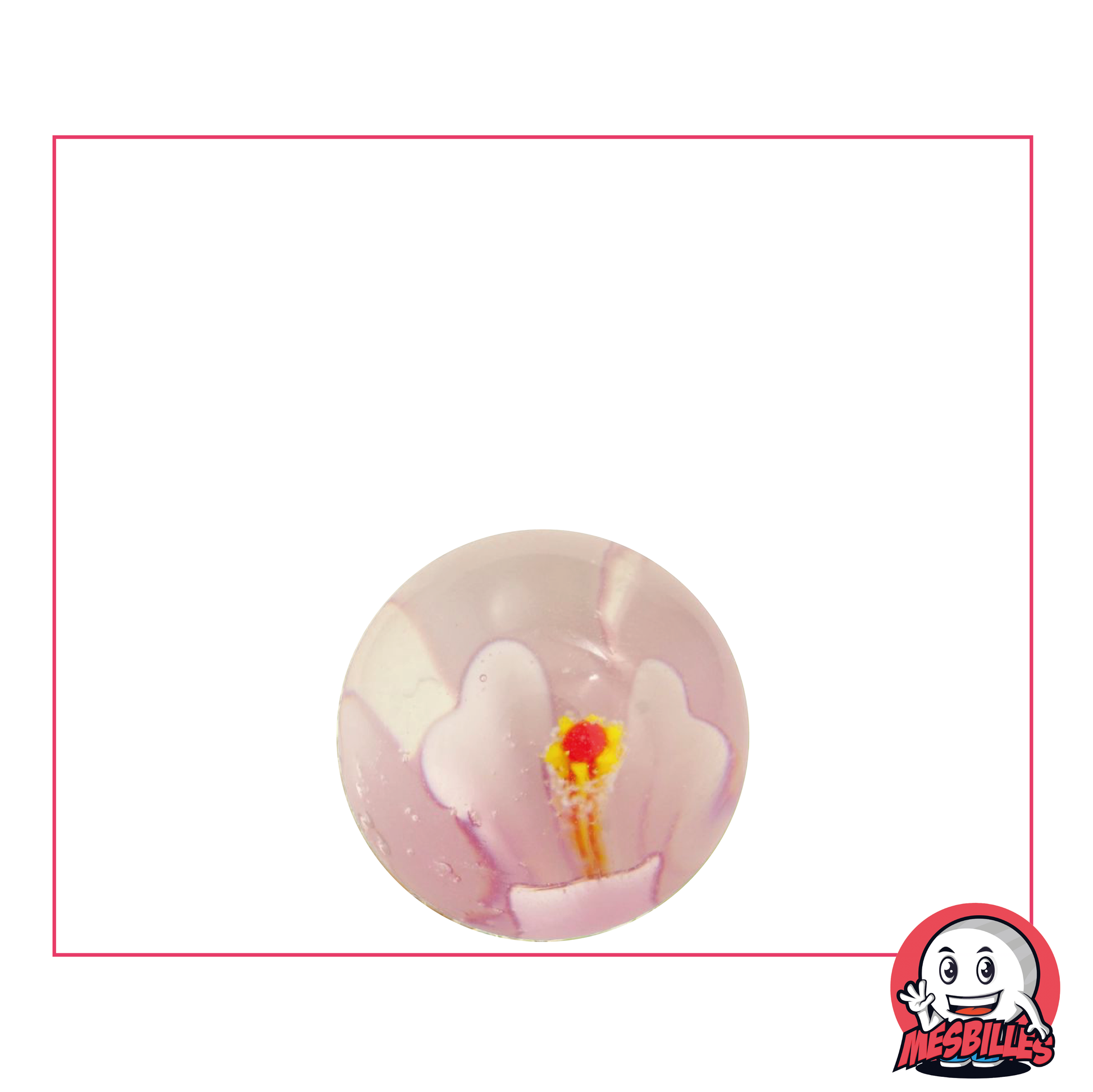 Bille Art Fleur 3D de 16 mm, bille transparente avec fleur rose en incrustation, Bille d'art unique