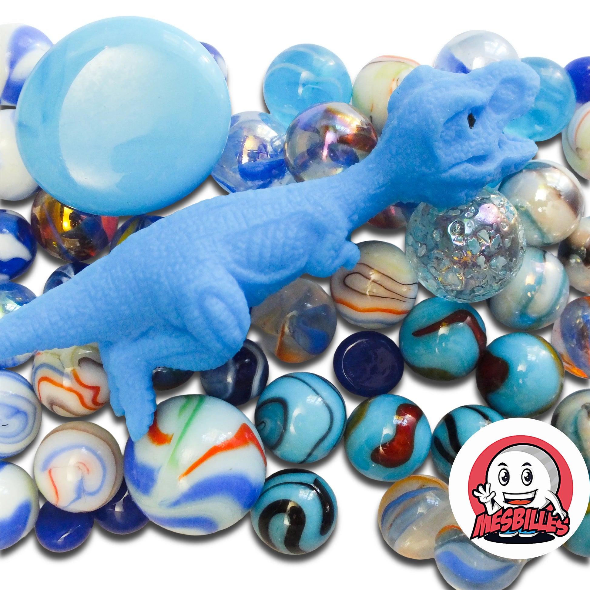 T-Rex bleu posé parmi des billes colorées, ensemble vendu en filet – jeu créatif et interactif MesBilles