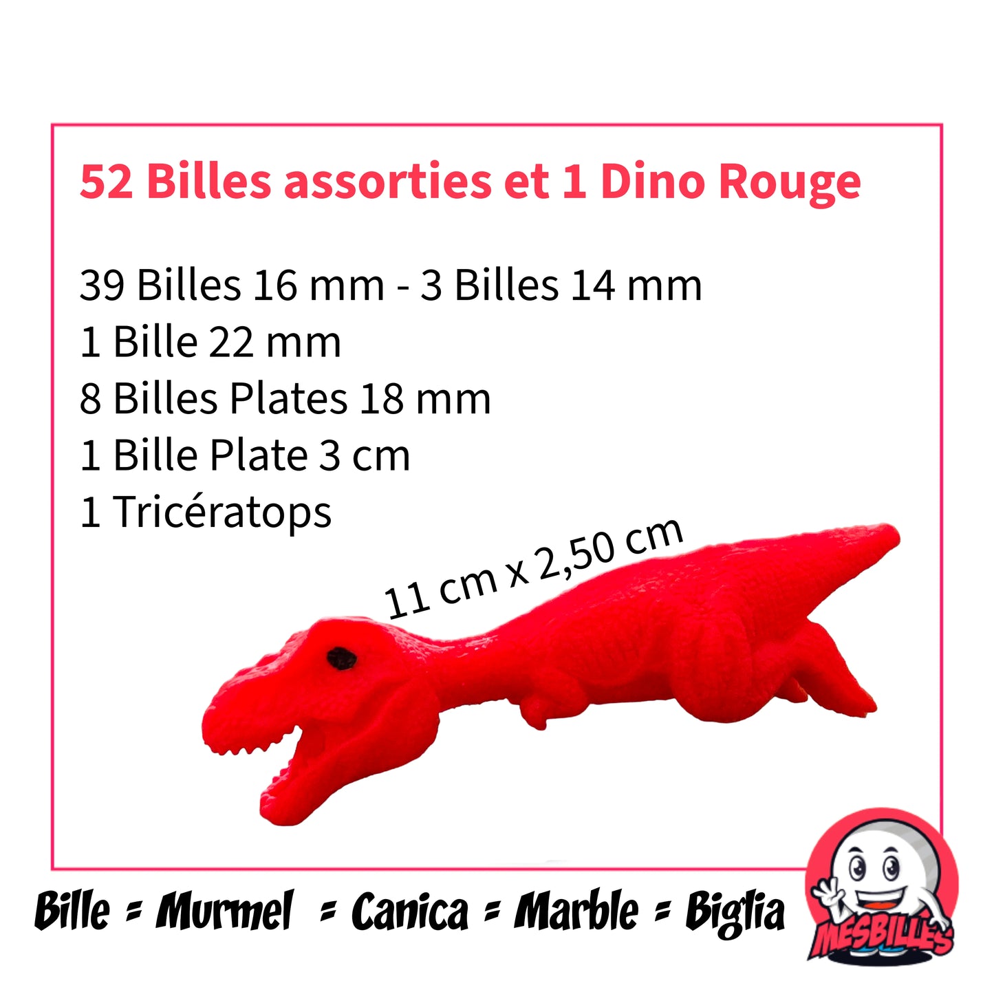 Contenu du filet avec 52 billes assorties et 1 Dino Rouge extensible – tailles variées et figurine ludique MesBilles
