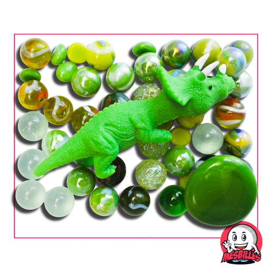 Ensemble complet 52 billes assorties et figurine Tricératops vert extensible – jouet préhistorique et jeu créatif MesBilles